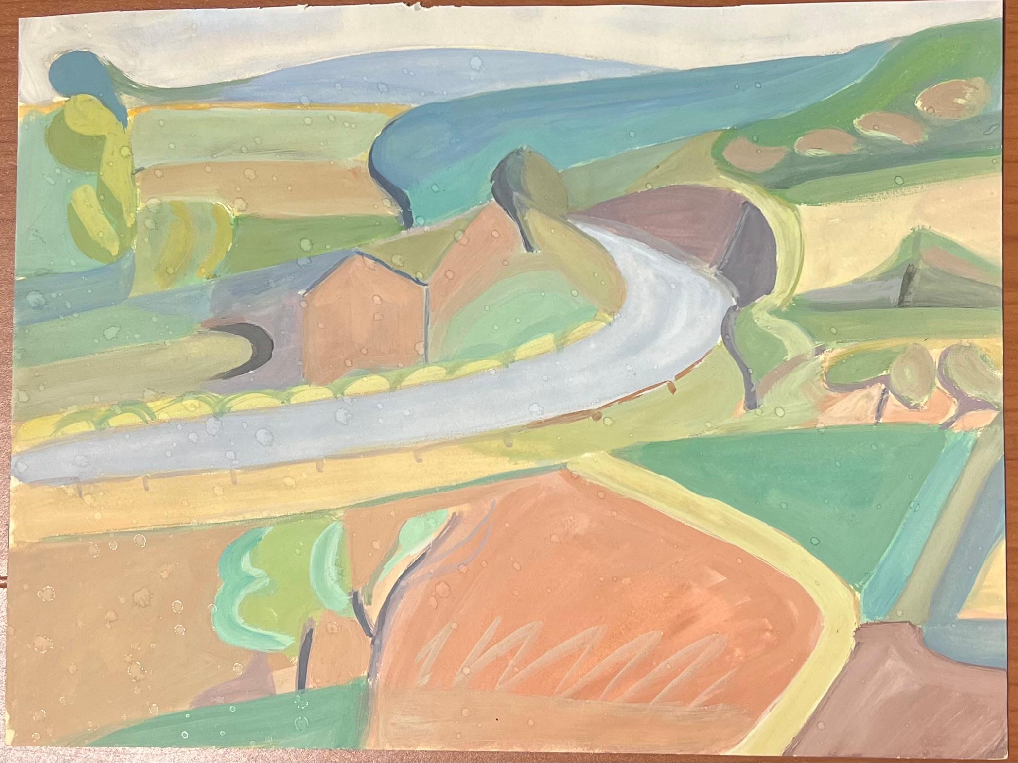 Paisaje abstracto con carretera serpenteante a través de campos de mosaico Tonos tierra suaves - Painting de Suzanne Vattier