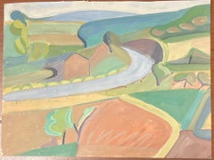 Paesaggio astratto con strada tortuosa che attraversa i campi patchwork con toni morbidi della terra