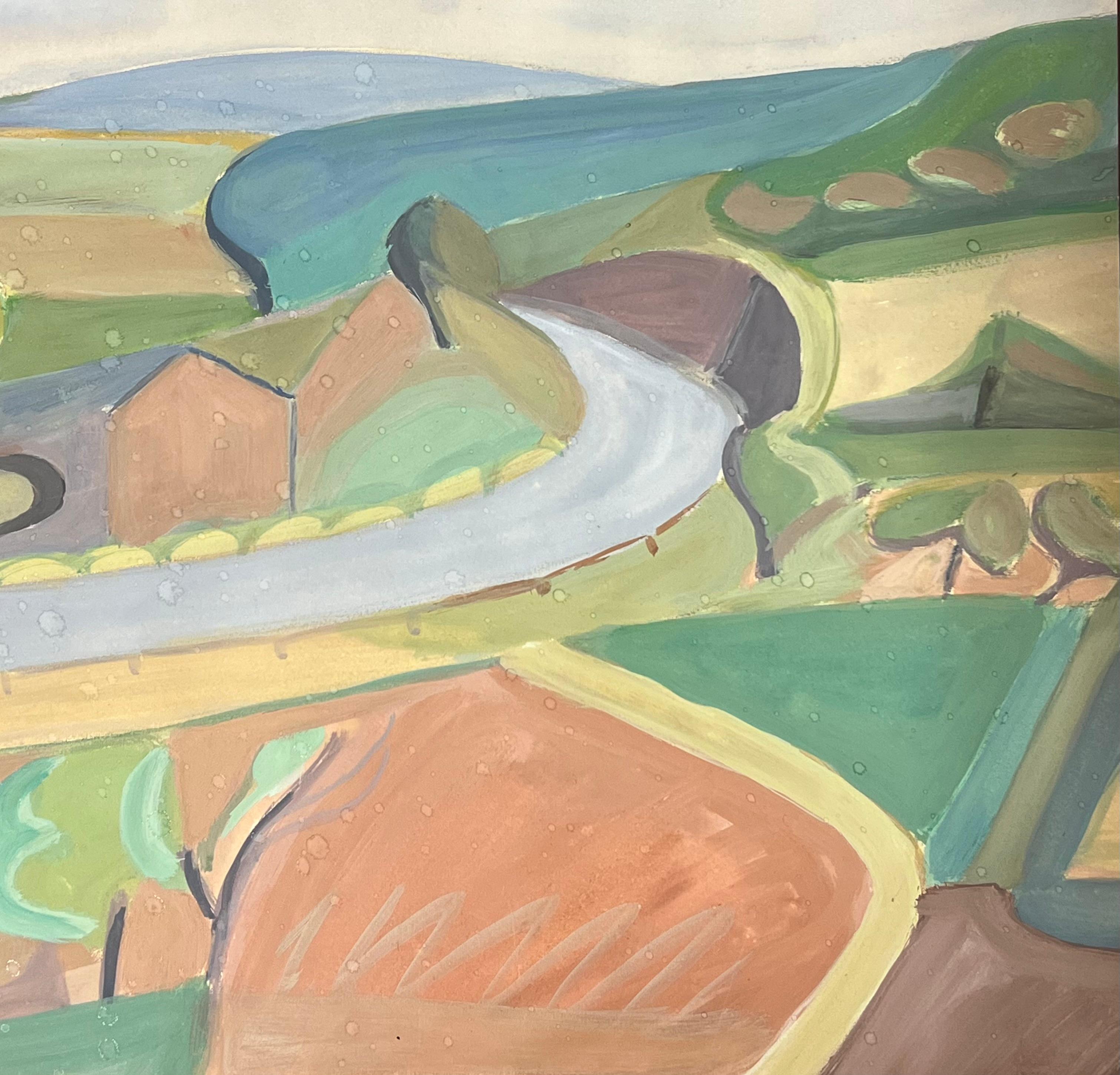 Paisaje abstracto con carretera serpenteante a través de campos de mosaico Tonos tierra suaves - Landscape Painting Beige de Suzanne Vattier