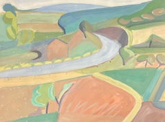 Abstracted Landscape with Winding Road through Patchwork Fields Soft Earth Tones