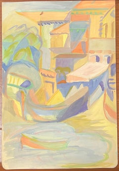 Bunte abstrakte mediterrane Szene mit lebhafter Architektur und Bootsfahrt