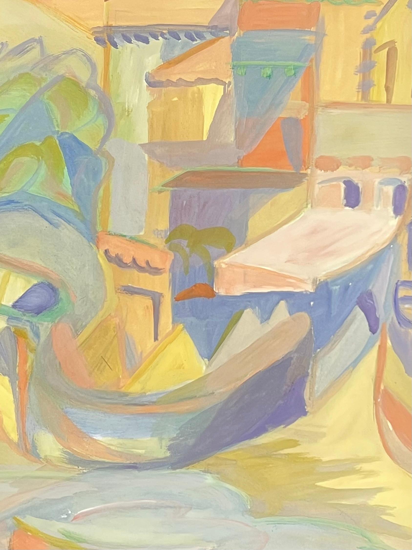 Scena mediterranea astratta e colorata con architettura vibrante e barca - Painting Fauvismo di Suzanne Vattier
