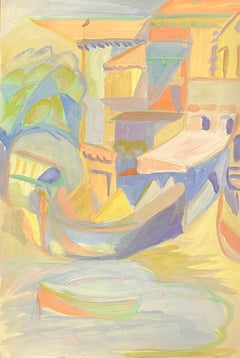 Colorful Abstract Mediterranean Scene with Vibrant Architecture and Boat