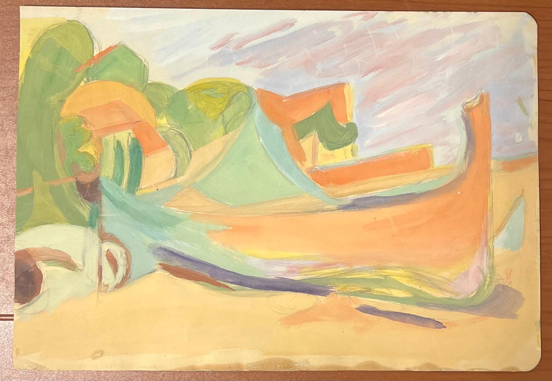Composición abstracta francesa de barco costero con tonos pastel y formas fluidas - Painting de Suzanne Vattier