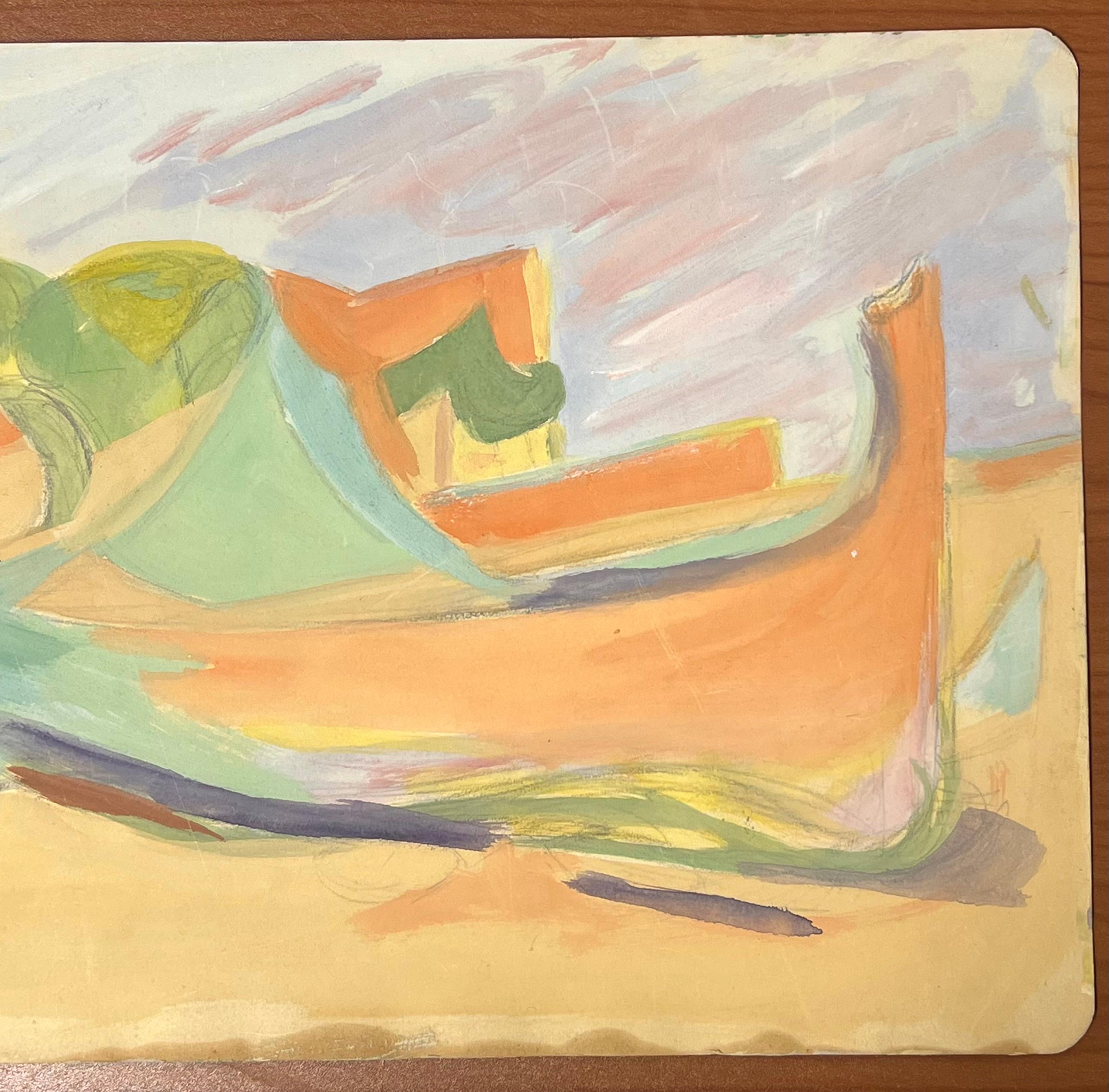 Composición abstracta francesa de barco costero con tonos pastel y formas fluidas - Painting Fauvista de Suzanne Vattier