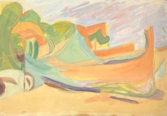 French Abstract Coastal Boat Composition with Pastel Tones and Fluid Forms