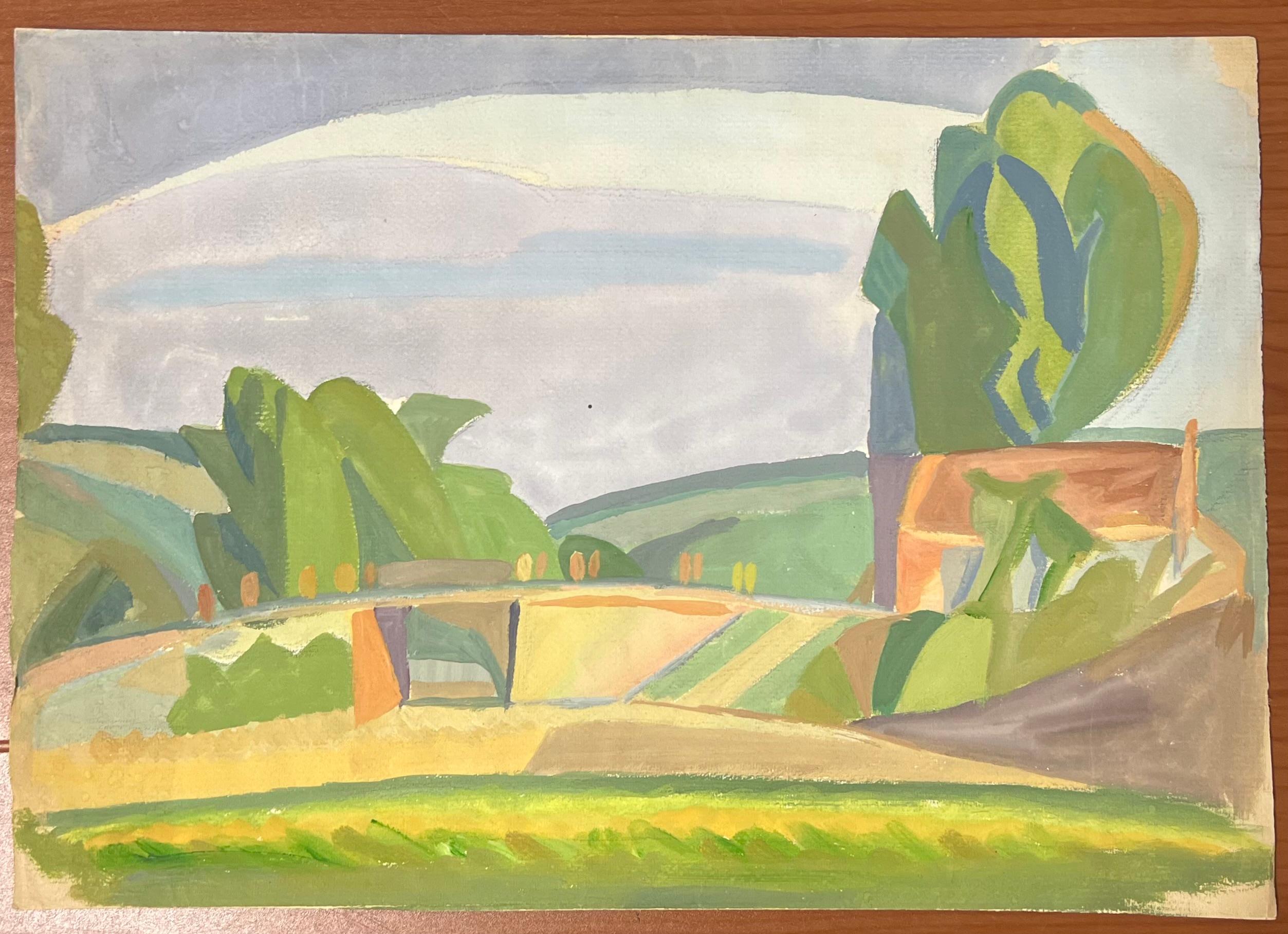 Scena di campagna astratta francese con campi, alberi ed edifici in Rolle - Painting di Suzanne Vattier