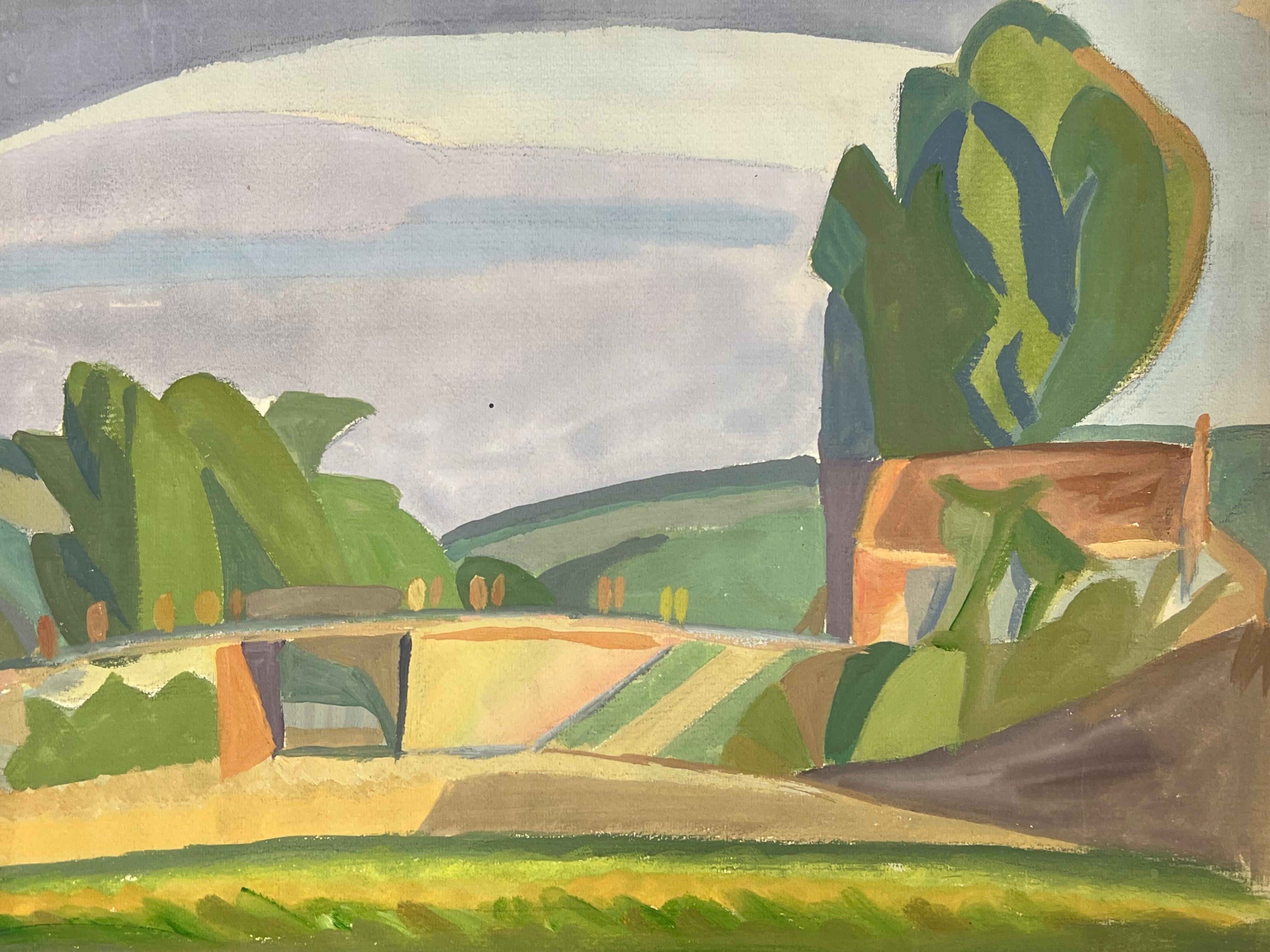 Scena di campagna astratta francese con campi, alberi ed edifici in Rolle - Painting Fauvismo di Suzanne Vattier