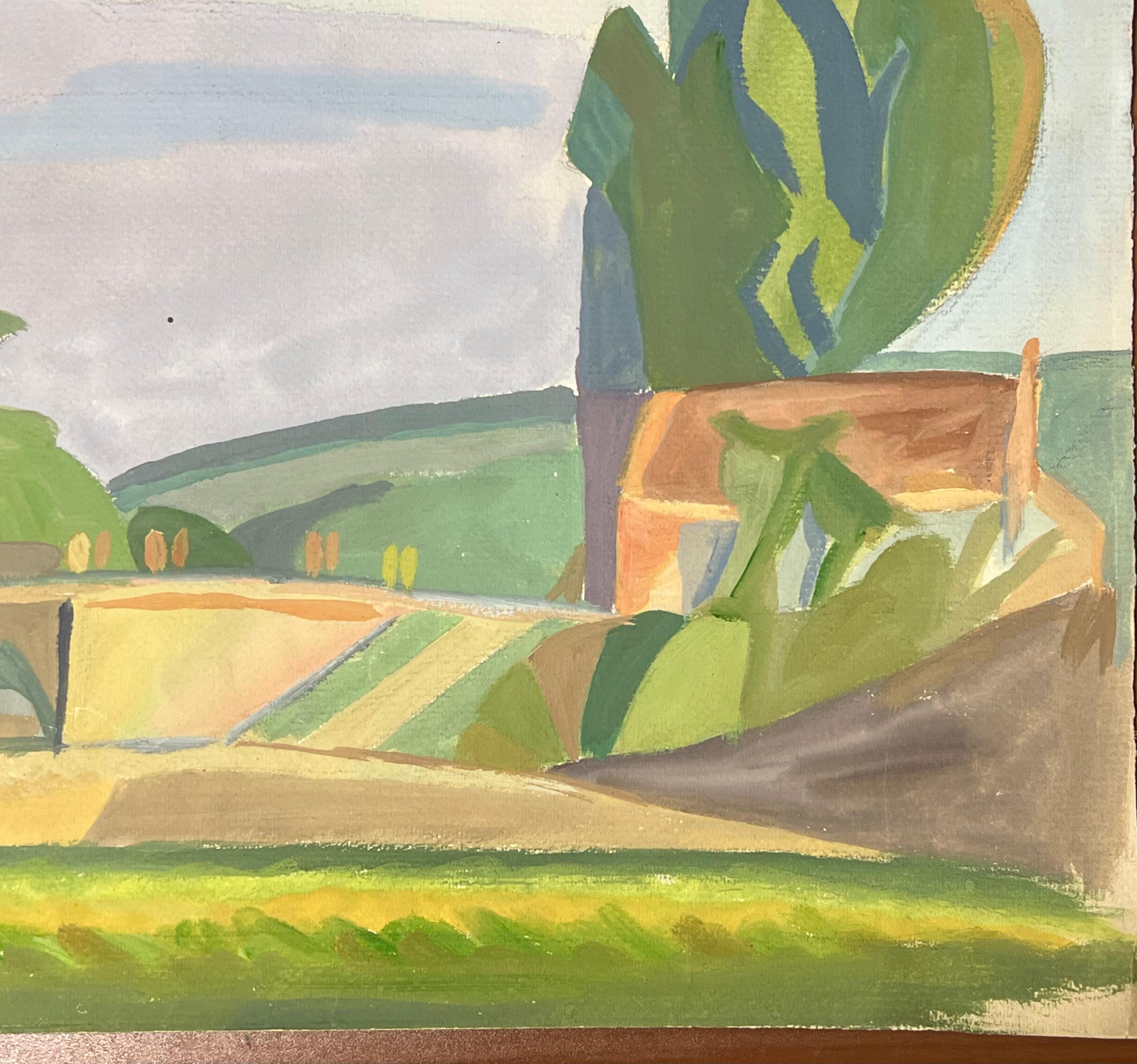 Scena di paesaggio astratta
Suzanne Vattier, francese 1901-1996
dipinto a guazzo su carta d'artista, incorniciato
dimensioni: 9 x 12 pollici

Suzanne Vattier (1901-1996) è stata allieva del famoso pittore André Lhote. Si è evoluta dal Cubismo a