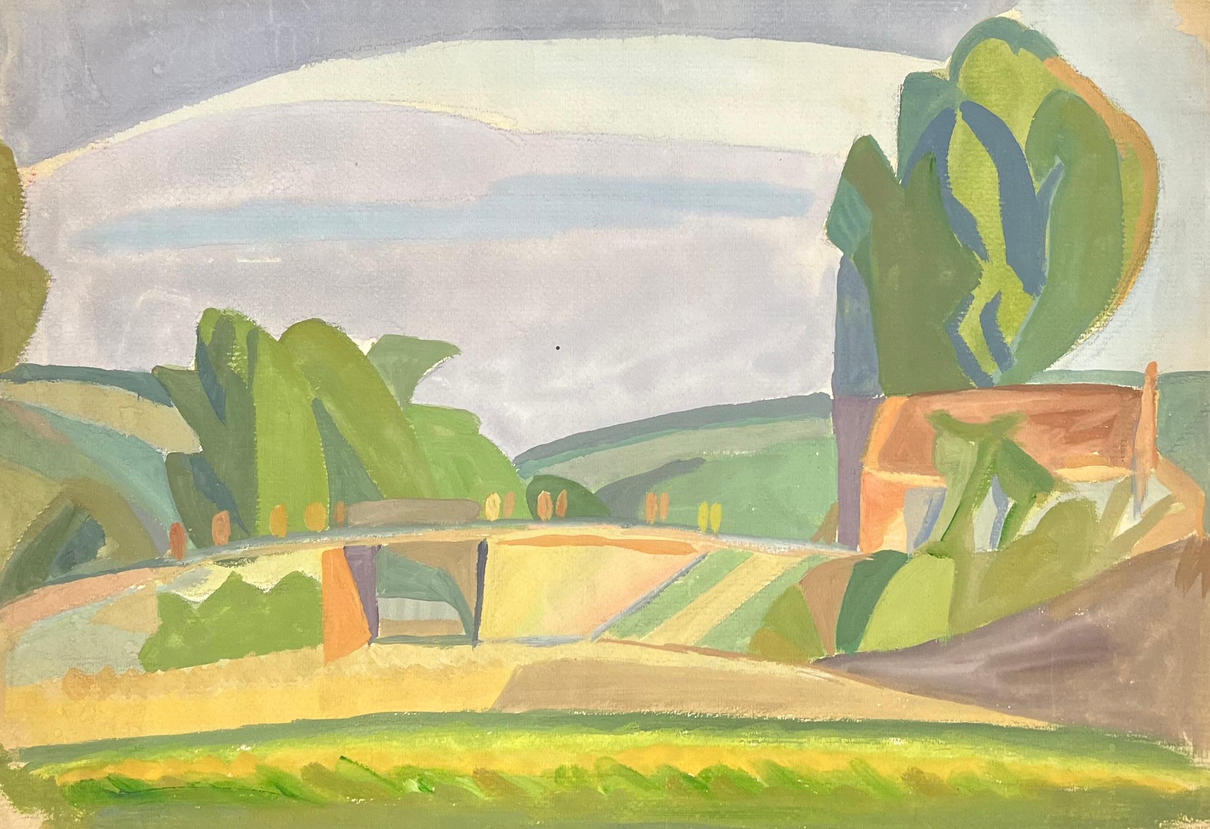 French Abstracted Countryside Scene with Rolling Fields, Trees and Buildings