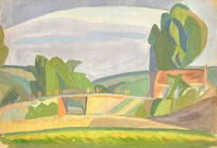 French Abstracted Countryside Scene with Rolling Fields, Trees and Buildings