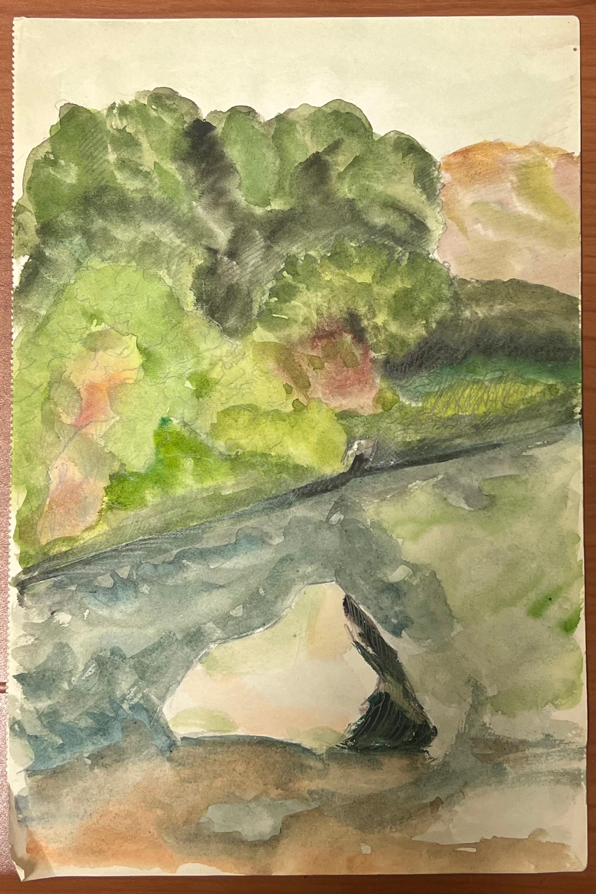 Impressionistic Landscape in Watercolor with Lush Green Foliage and Reflections - Painting by Suzanne Vattier