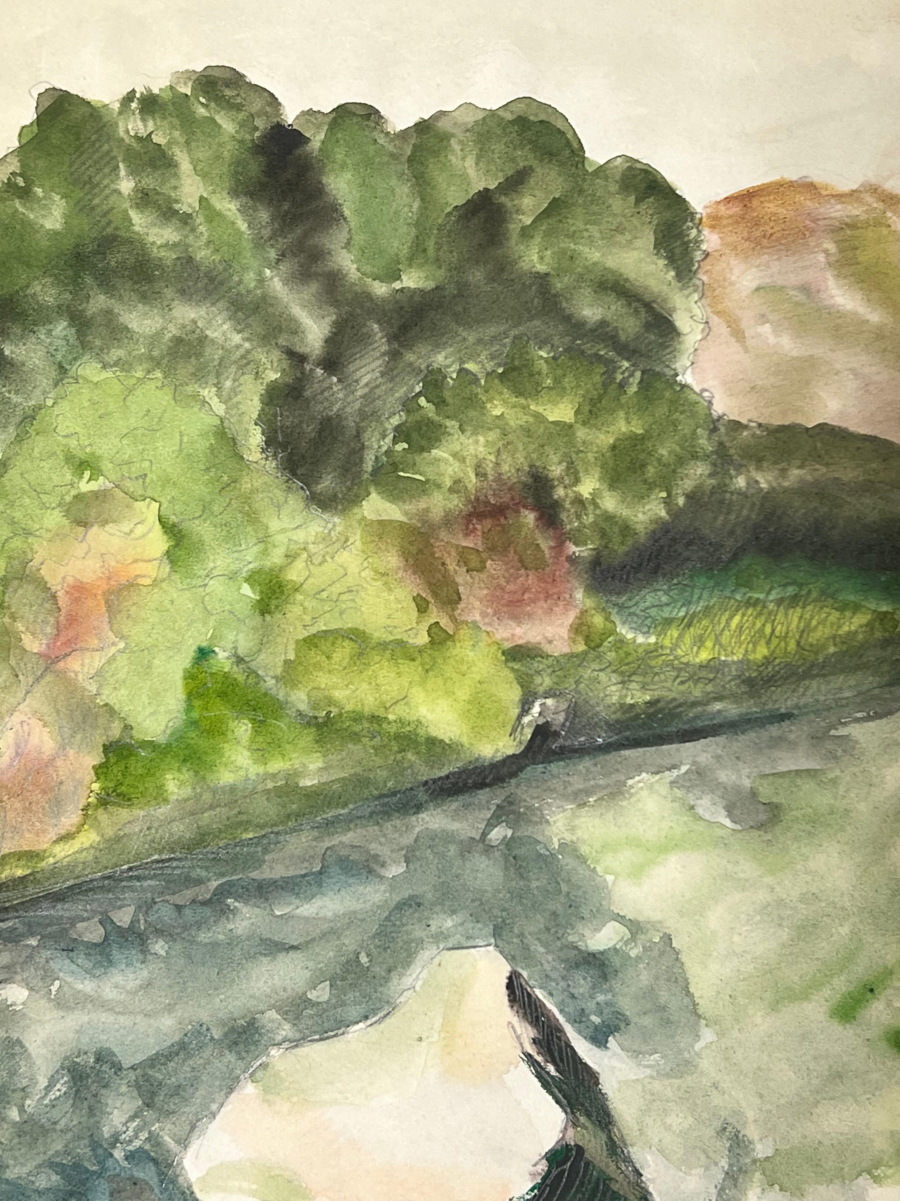 Impressionistic Landscape in Watercolor with Lush Green Foliage and Reflections - Fauvist Painting by Suzanne Vattier