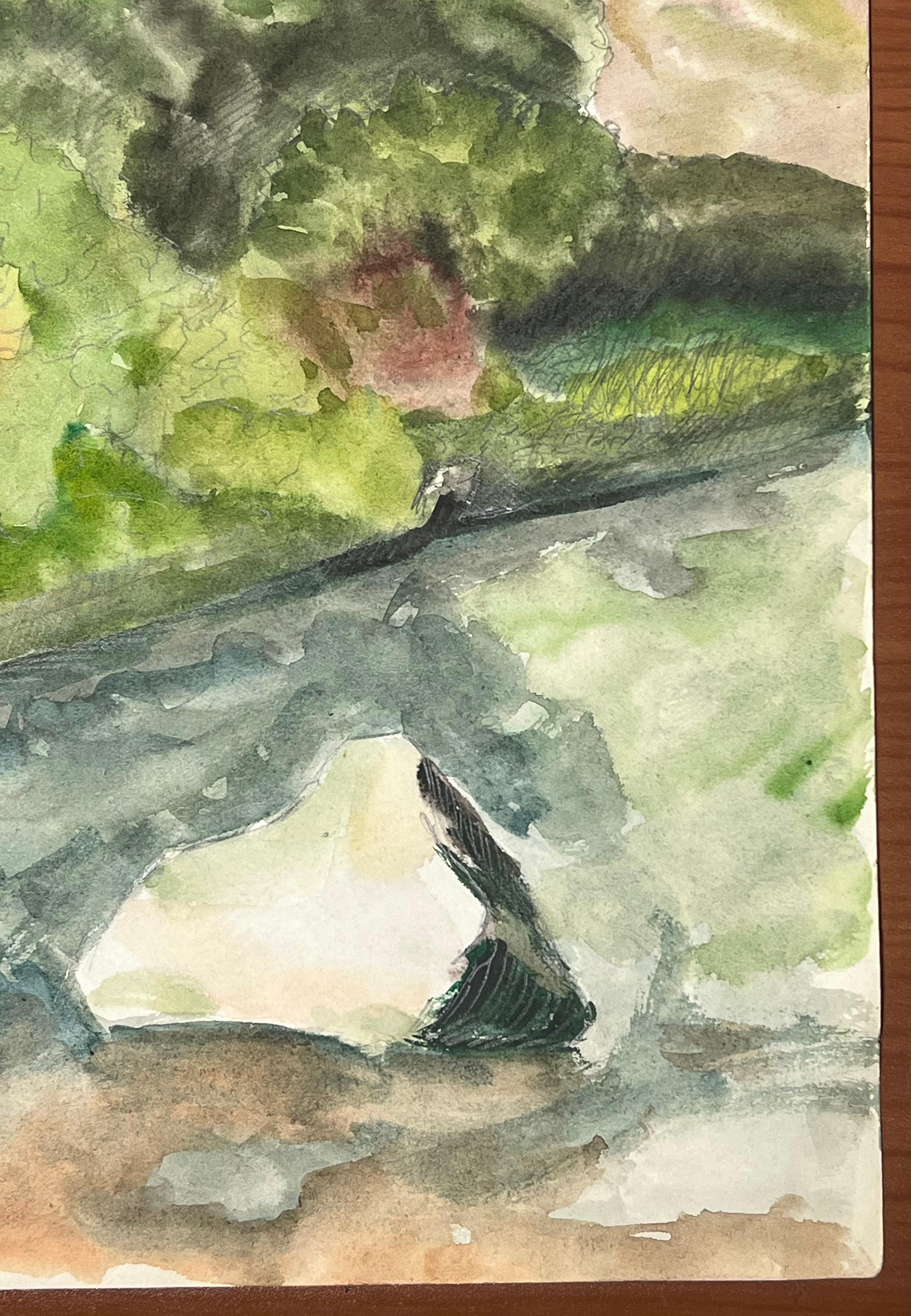 Impressionistic Landscape in Watercolor with Lush Green Foliage and Reflections - Brown Landscape Painting by Suzanne Vattier