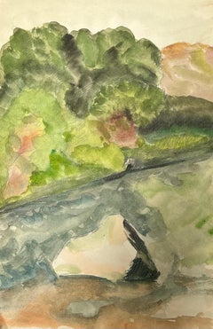 Impressionistic Landscape in Watercolor with Lush Green Foliage and Reflections