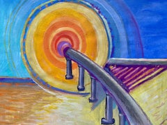 Composition abstraite soleil et pont Gouache moderniste française Suzanne Vattier