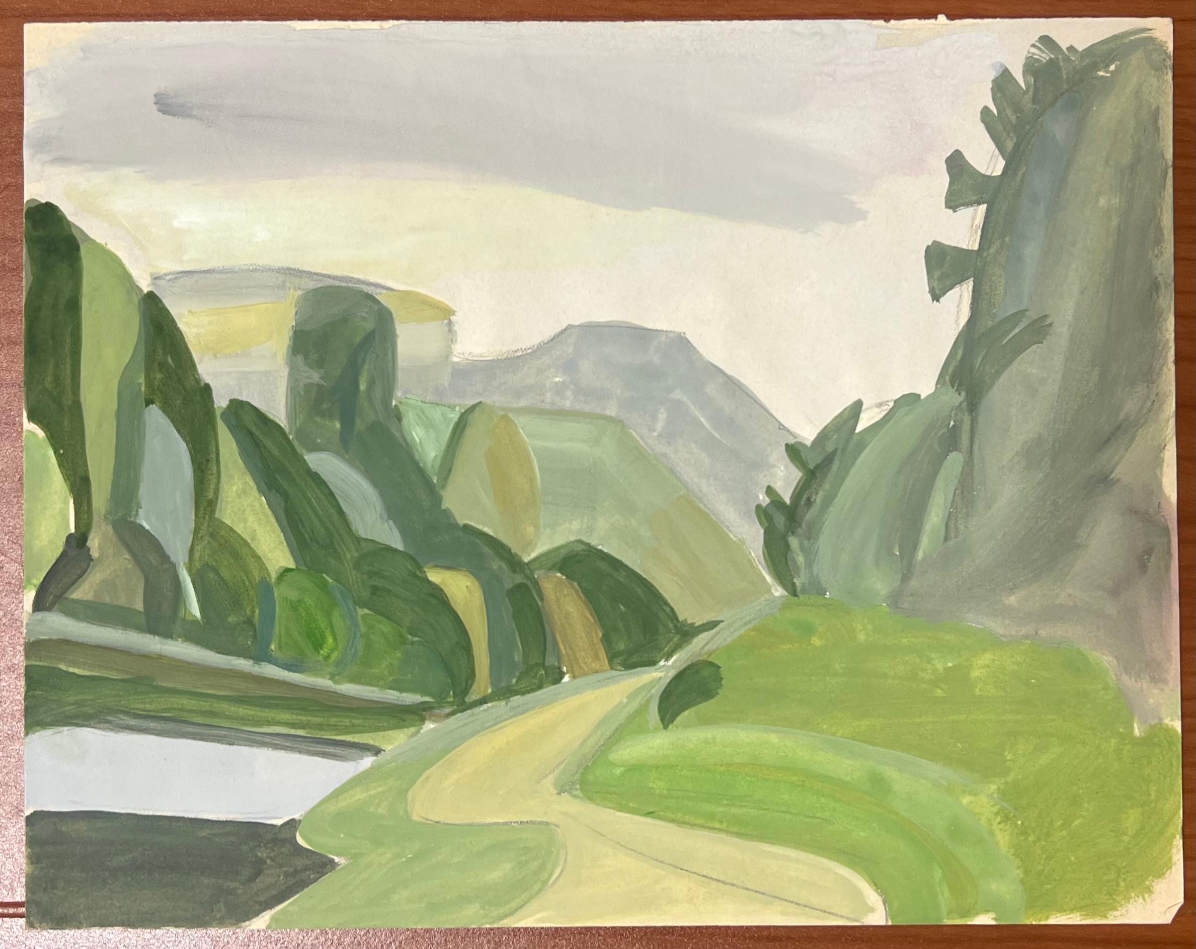 Paesaggio modernista francese della metà del 20° secolo con Roll & Hill e sentiero in verde scuro - Painting di Suzanne Vattier