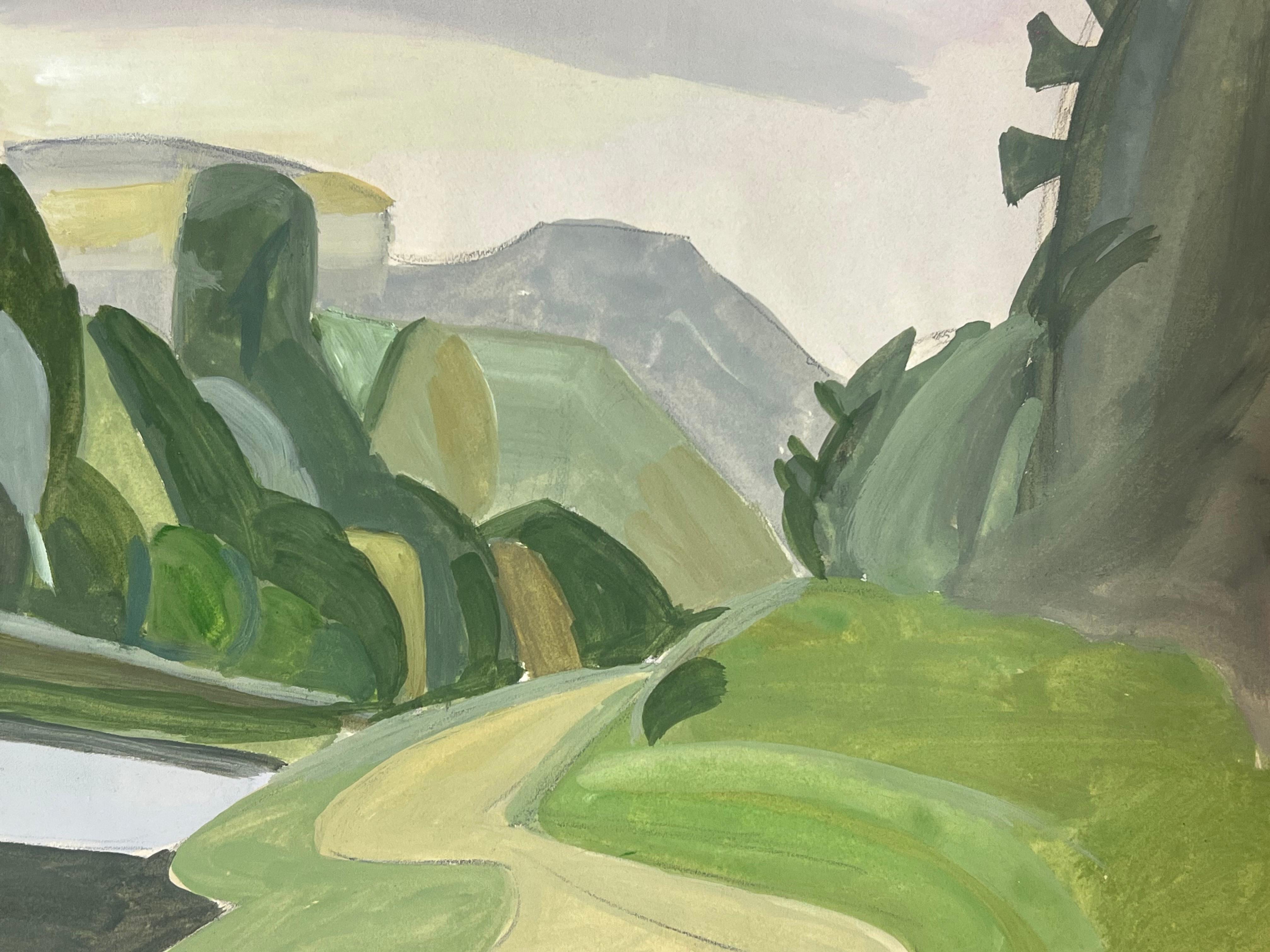 Paesaggio modernista francese della metà del 20° secolo con Roll & Hill e sentiero in verde scuro - Painting Fauvismo di Suzanne Vattier