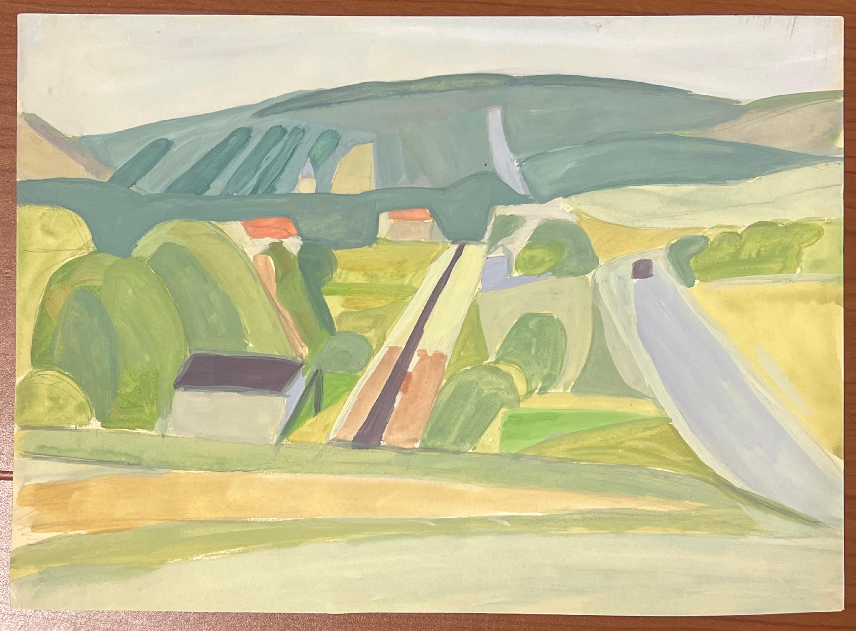 Paesaggio di campagna modernista con campi geometrici, strade e colline ondulate - Painting di Suzanne Vattier