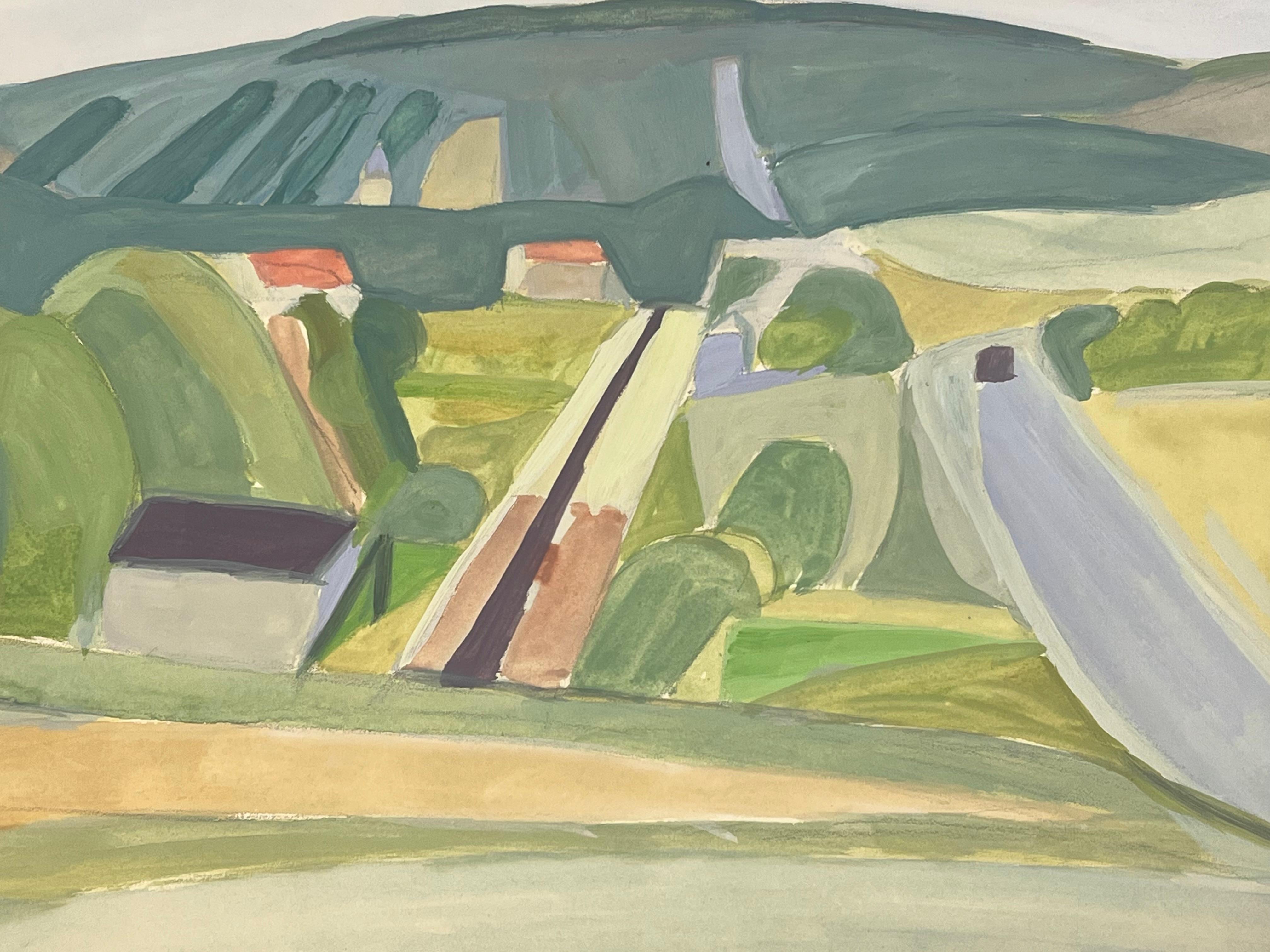 Paesaggio di campagna modernista con campi geometrici, strade e colline ondulate - Painting Fauvismo di Suzanne Vattier
