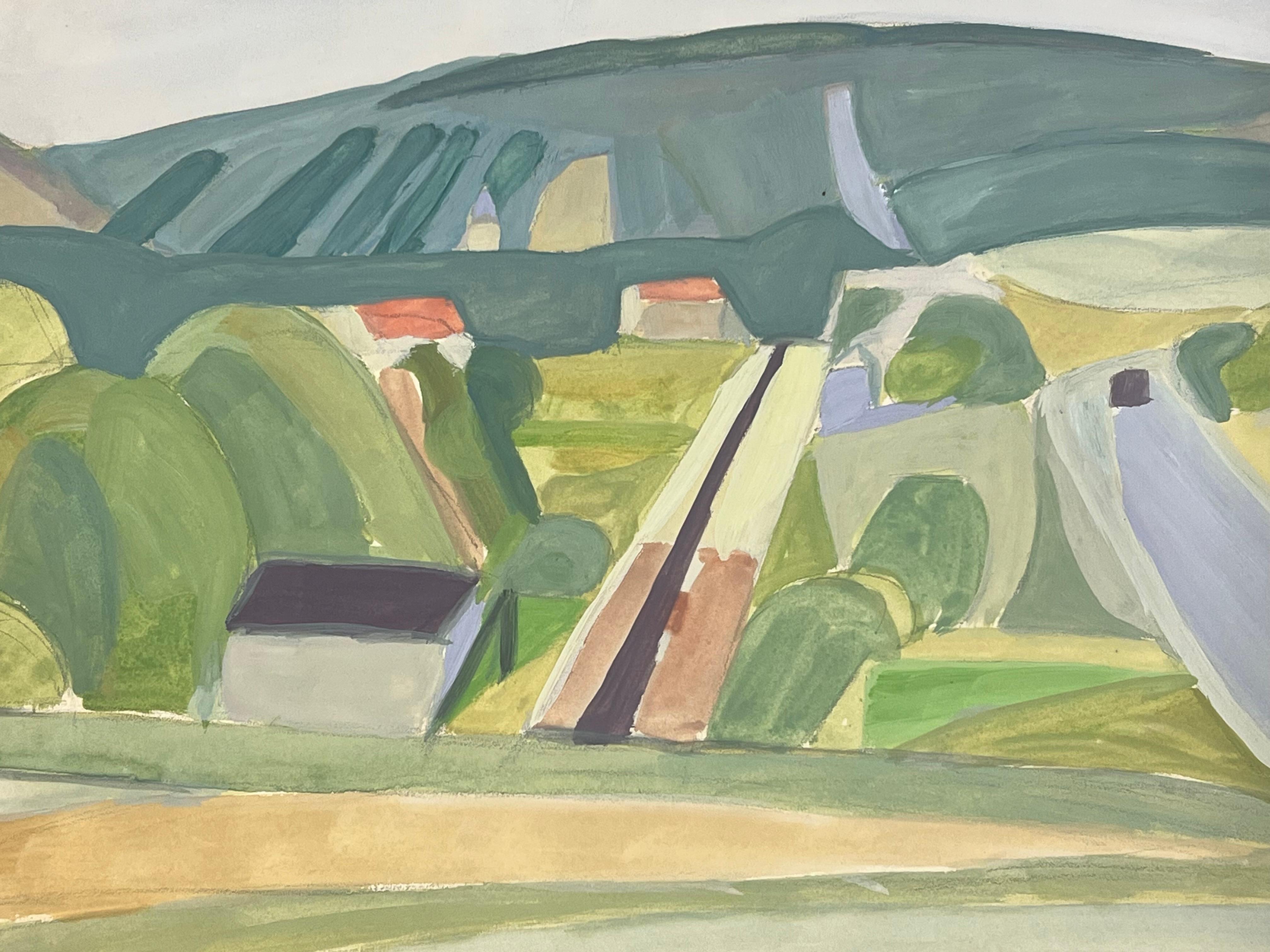 Paesaggio di campagna modernista con campi geometrici, strade e colline ondulate - Abstract Painting Beige di Suzanne Vattier