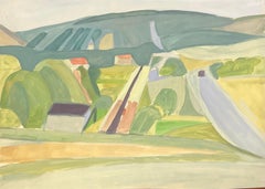 Modernistische Landschaftslandschaft der Landschaft der Moderne mit geometrischen Feldern, Straßen und Rolling Hills