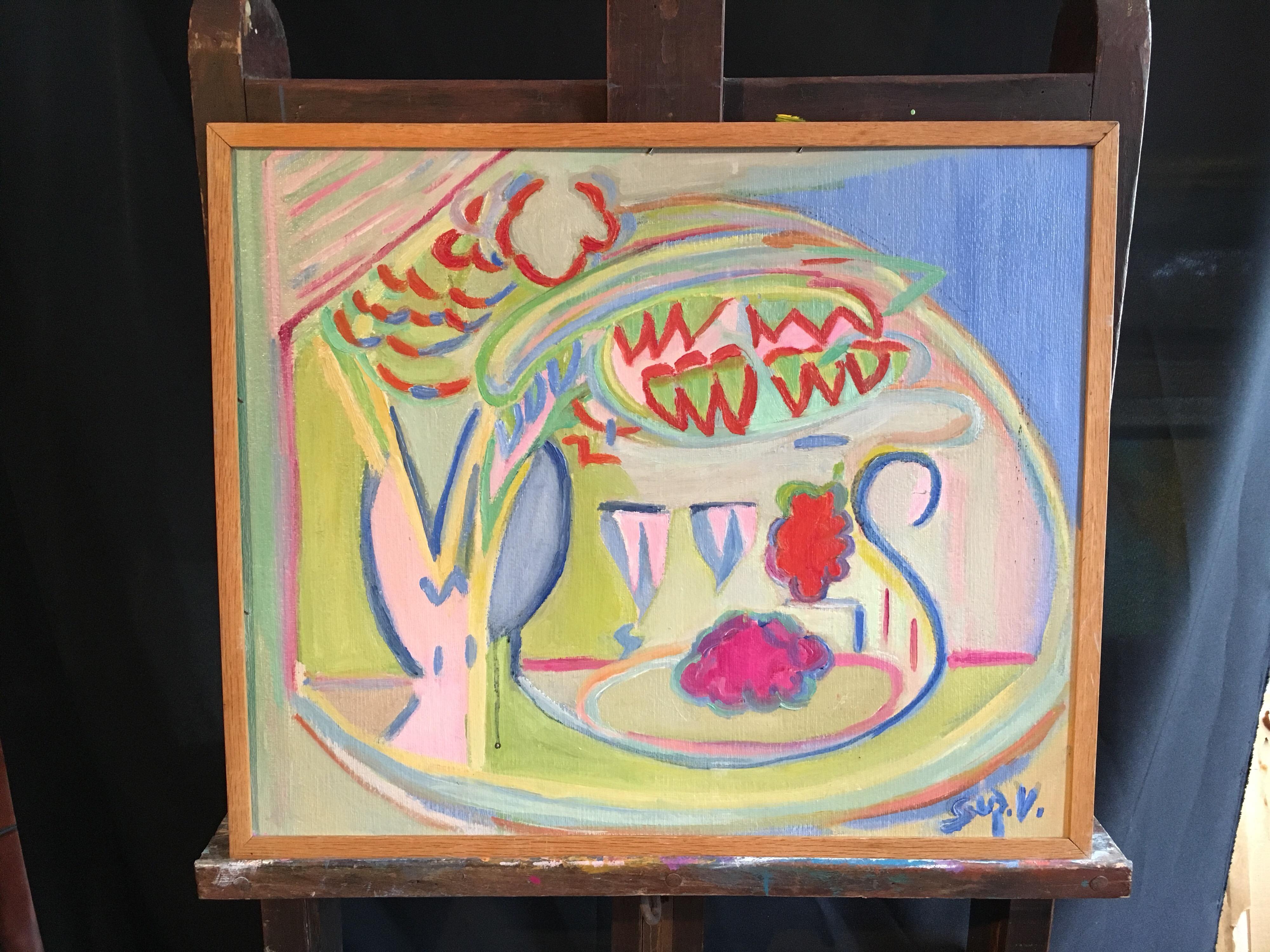 Peinture à l'huile abstraite colorée « Verni » des années 1970  - Painting de Suzanne Vattier