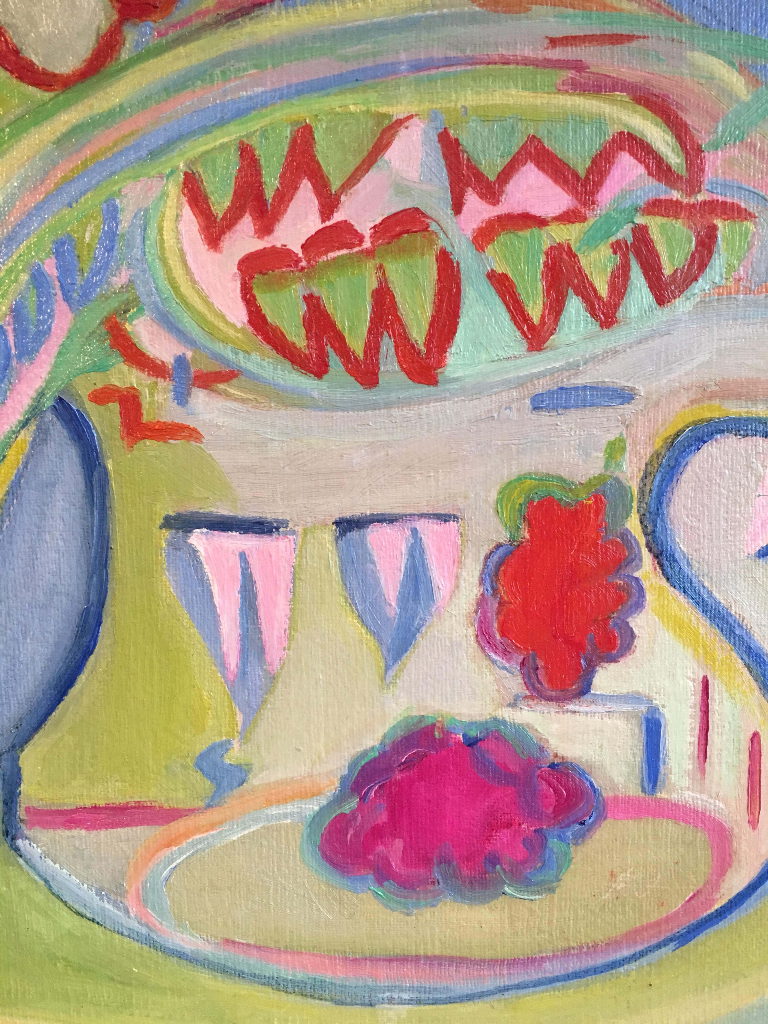 Peinture à l'huile abstraite colorée « Verni » des années 1970  - Beige Landscape Painting par Suzanne Vattier