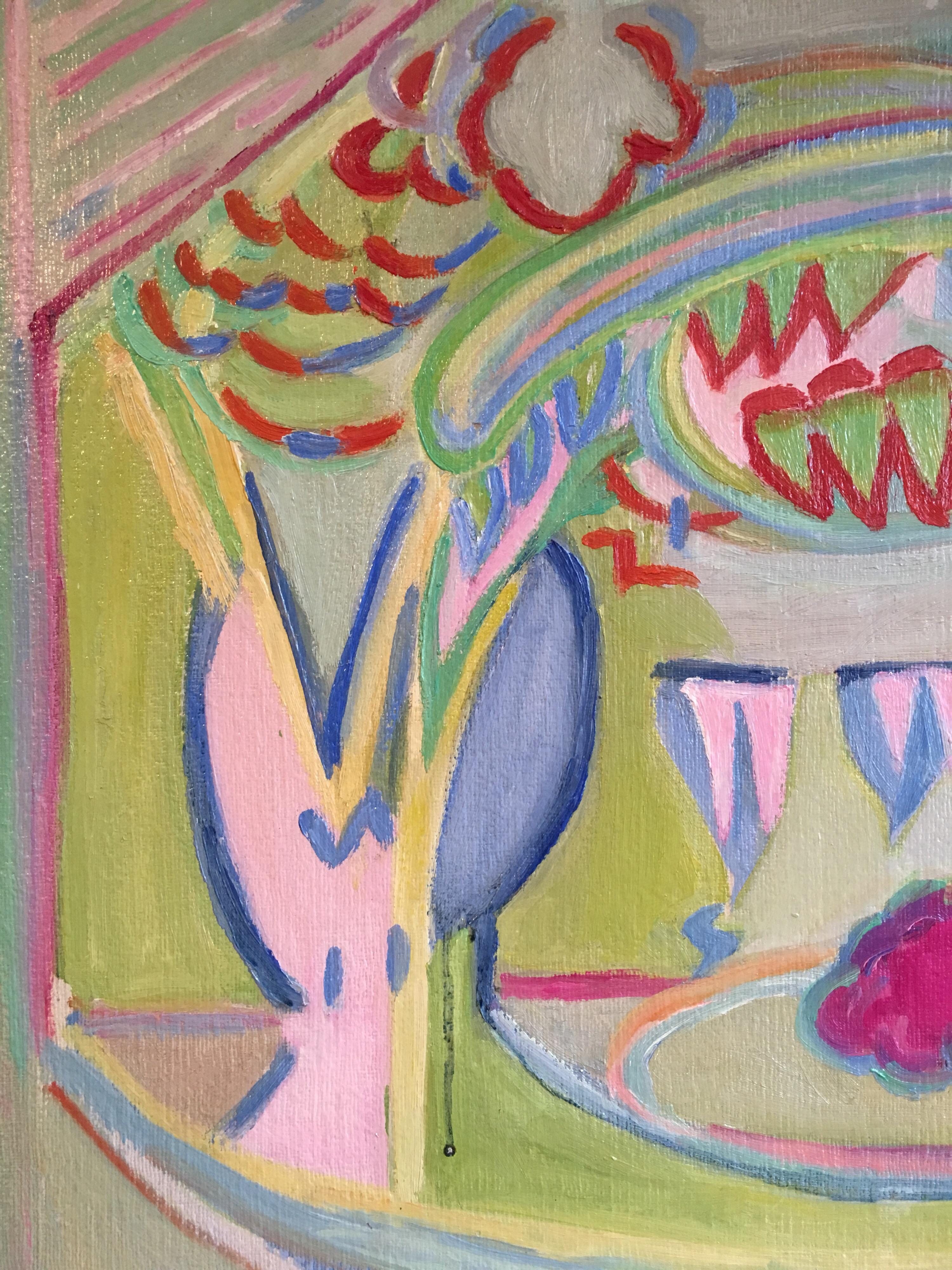 verni
Par l'artiste française, Suzanne Vattier, 1901-1996
Signé par l'artiste dans le coin inférieur droit
Peinture à l'huile sur carton, encadrée
Taille du cadre : 19 x 22 pouces

Fabuleuse peinture à l'huile abstraite des années 1970. Les couleurs