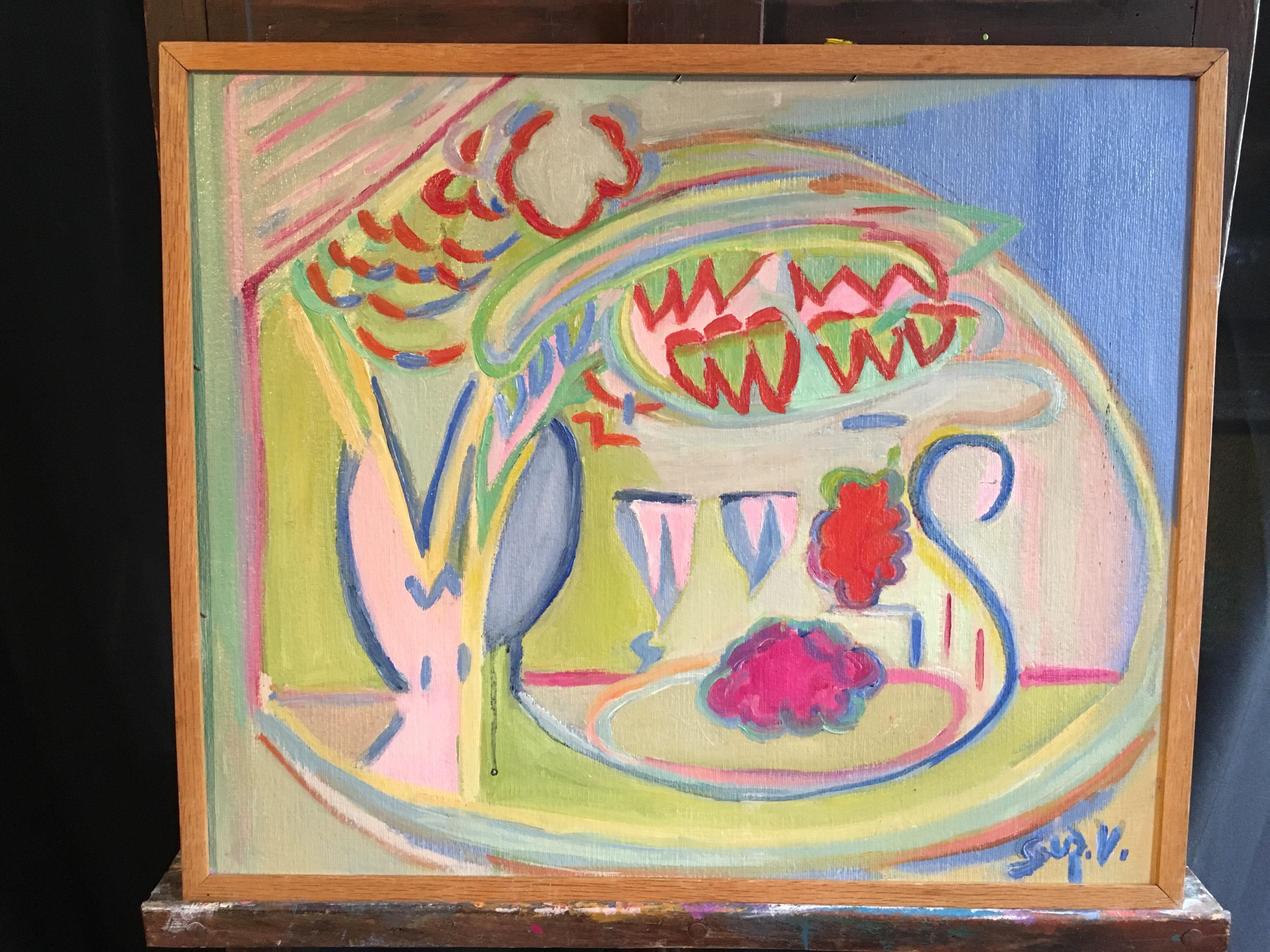 Peinture à l'huile abstraite colorée « Verni » des années 1970  en vente 1