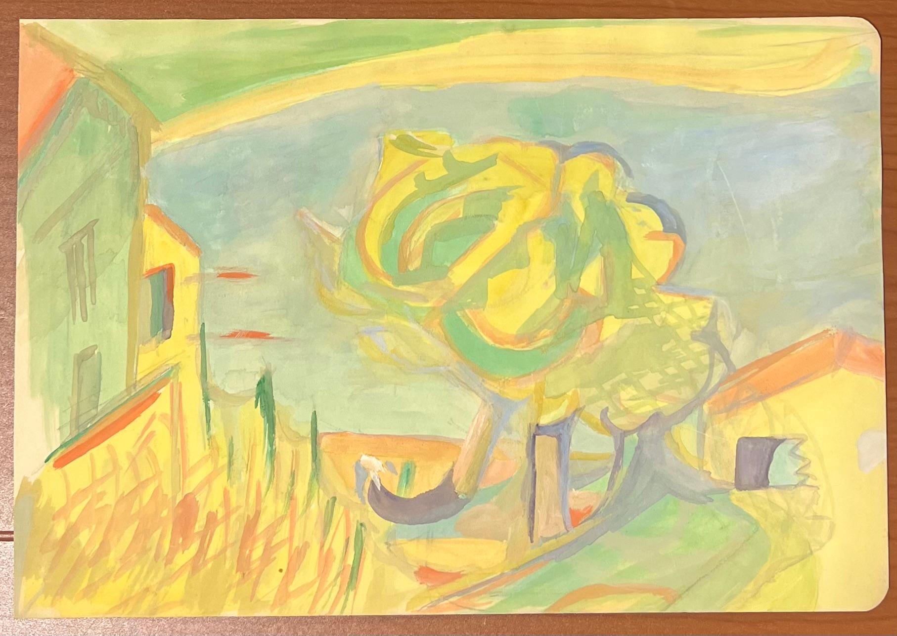 Vibrante Paisaje Abstracto en Tonos Amarillos y Verdes con Árbol en Remolino - Painting de Suzanne Vattier