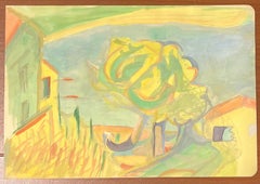 Paesaggio astratto vibrante con toni gialli e verdi con albero vorticoso