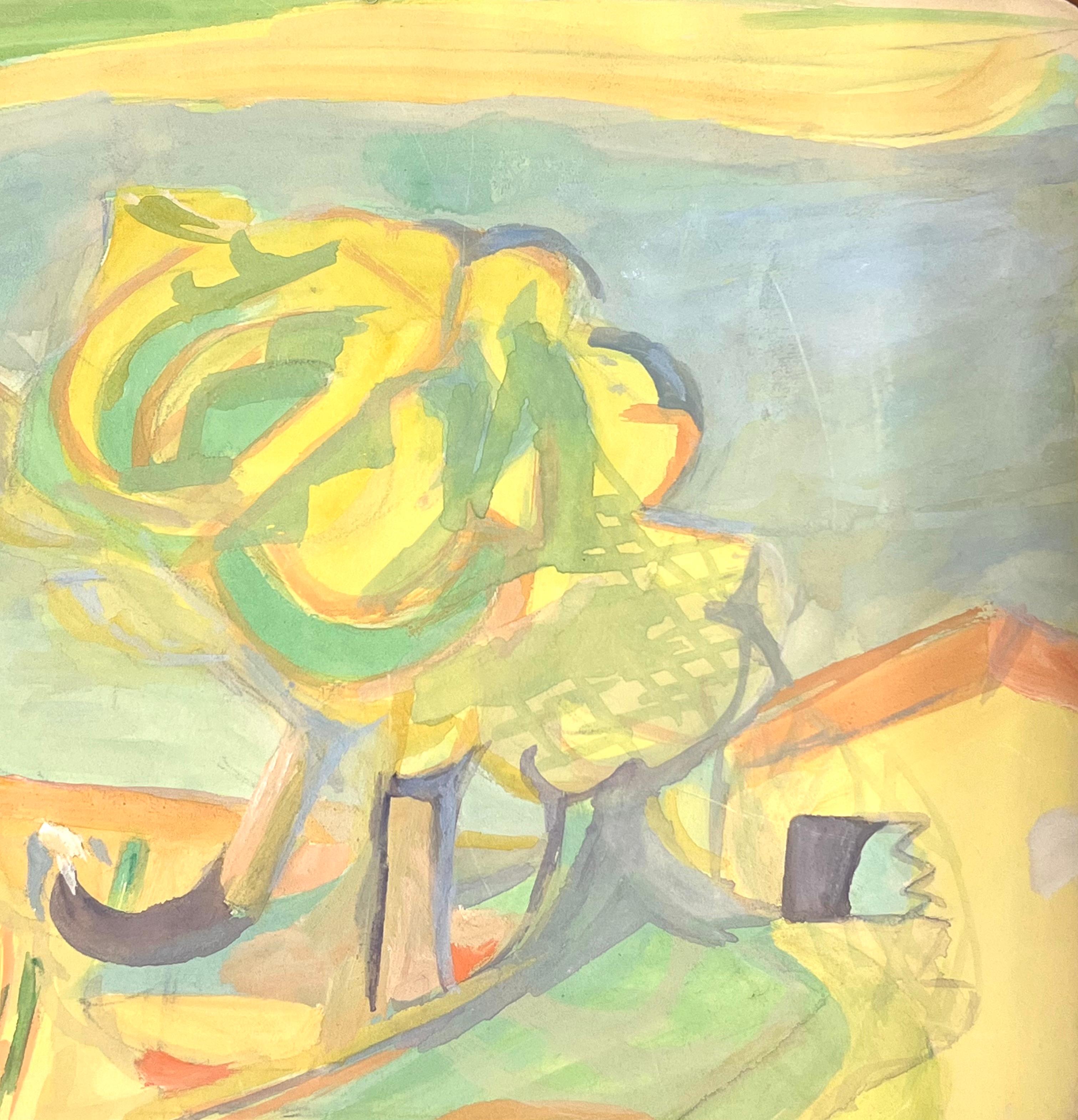 Vibrante Paisaje Abstracto en Tonos Amarillos y Verdes con Árbol en Remolino - Painting Fauvista de Suzanne Vattier