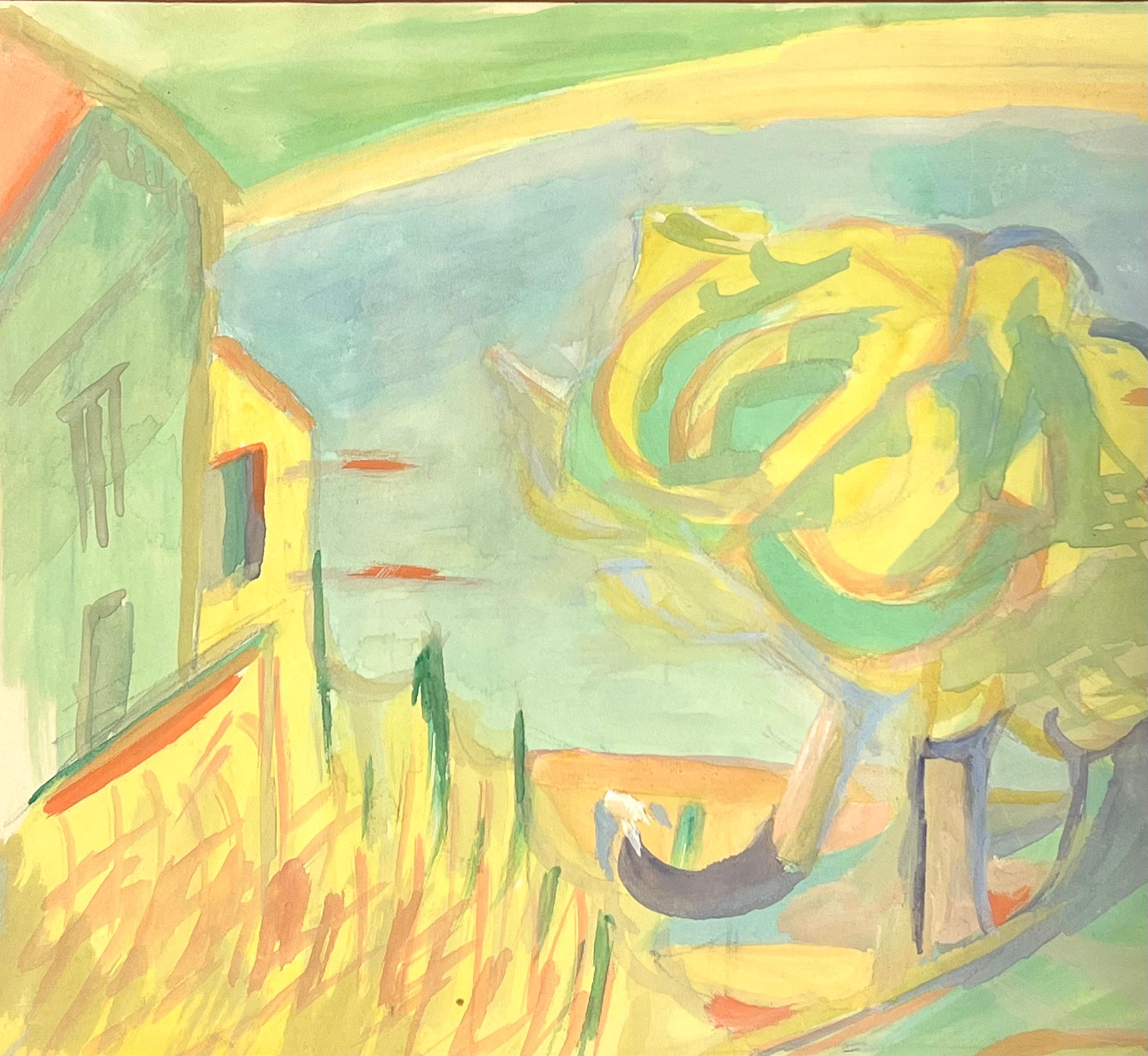 Paisaje abstracto vibrante
Suzanne Vattier, francesa 1901-1996
pintura al gouache sobre papel de artista, enmarcada
tamaño: 7 x 10,5 pulgadas

Suzanne Vattier (1901-1996) fue alumna del famoso pintor André Lhote. Evolucionó del cubismo a un arte
