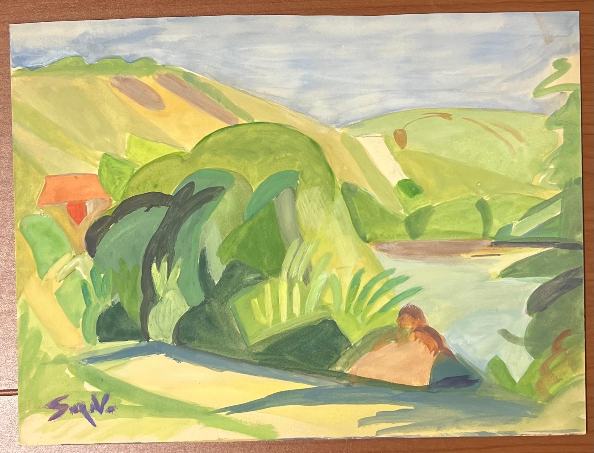 Un paesaggio vibrante e modernista, con un fogliame verde e lussureggiante e Roll & Hill - Painting di Suzanne Vattier