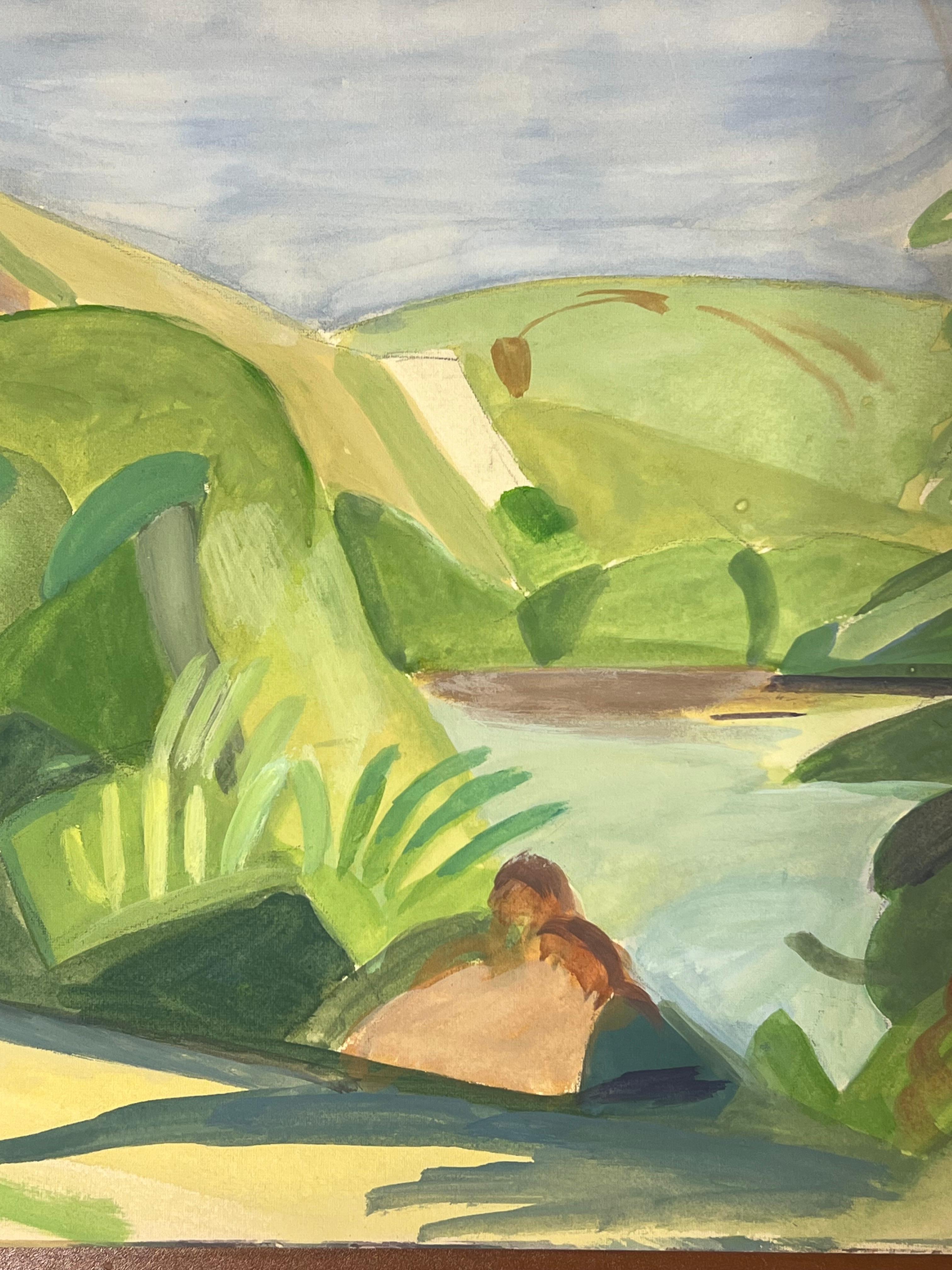 Un paesaggio vibrante e modernista, con un fogliame verde e lussureggiante e Roll & Hill - Painting Fauvismo di Suzanne Vattier