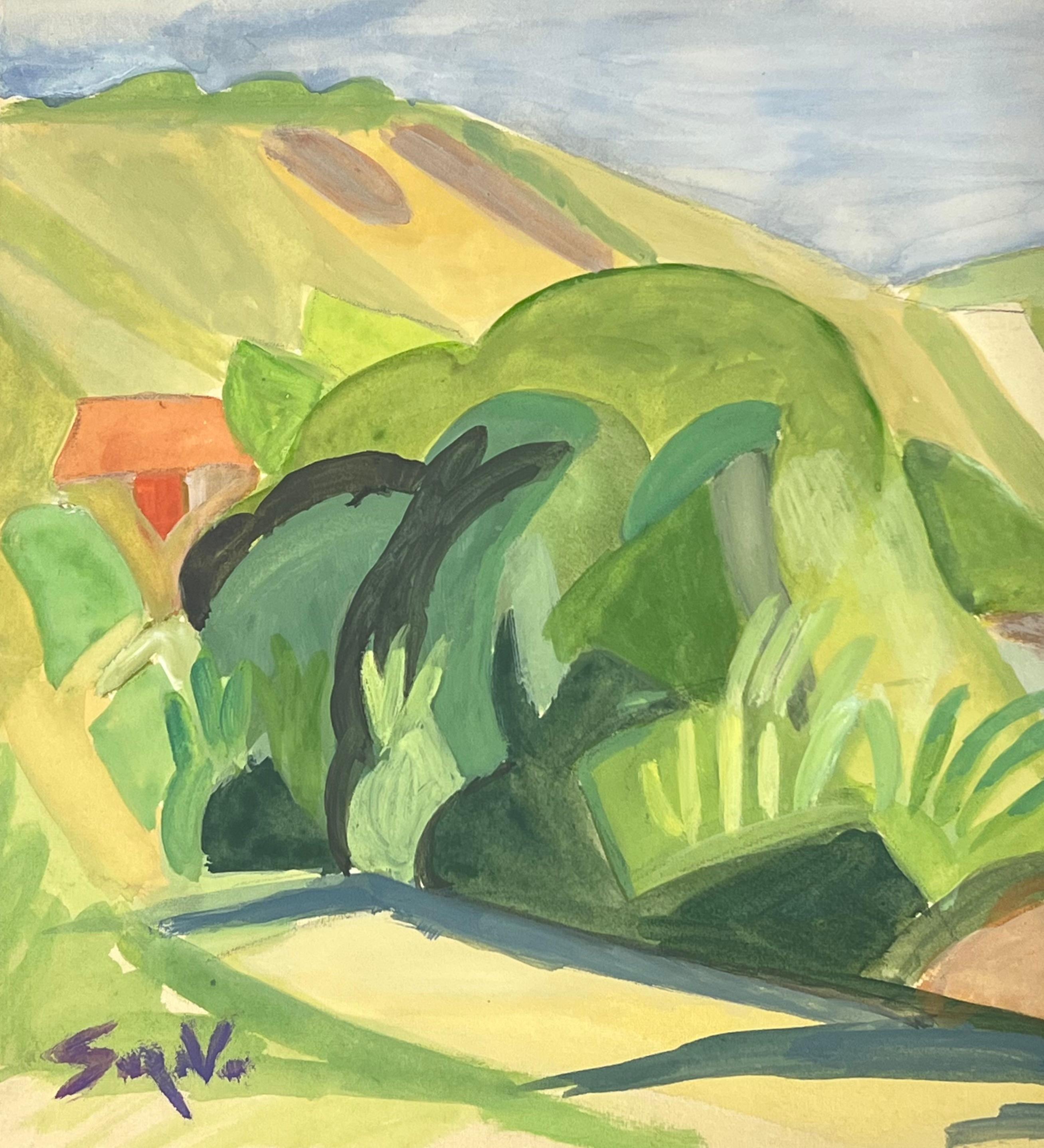 Un paesaggio vibrante e modernista, con un fogliame verde e lussureggiante e Roll & Hill - Abstract Painting Beige di Suzanne Vattier