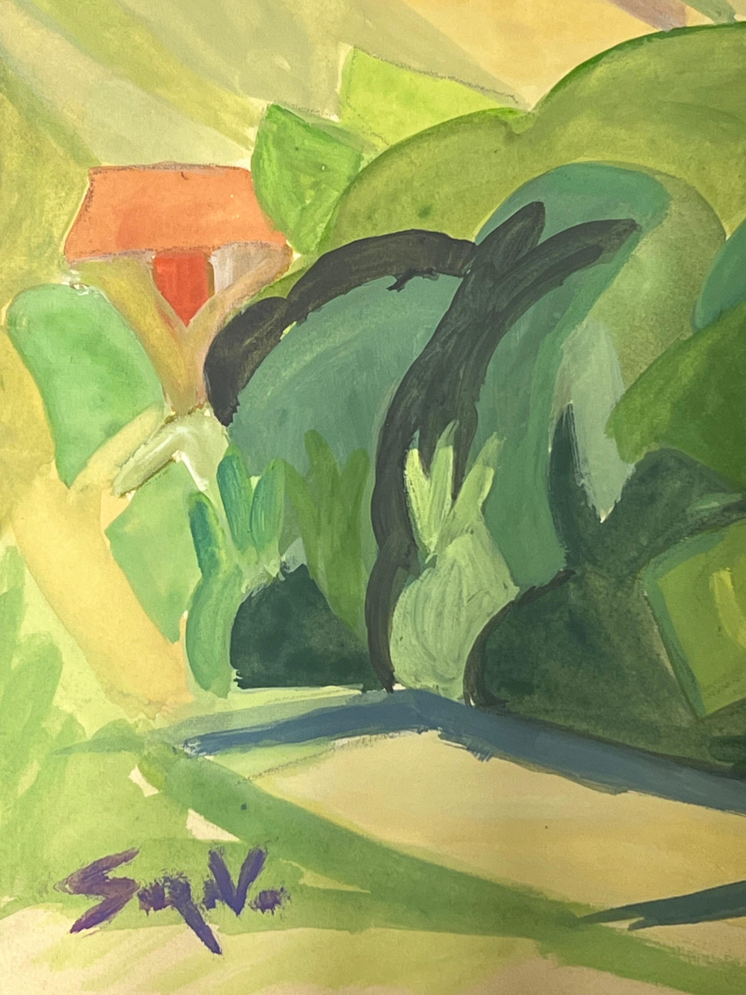 Un vibrante paesaggio modernista 
Suzanne Vattier, francese 1901-1996
dipinto a guazzo firmato su carta d'artista, incorniciato
dimensioni: 8 x 10,75 pollici

Suzanne Vattier (1901-1996) è stata allieva del famoso pittore André Lhote. Si è evoluta
