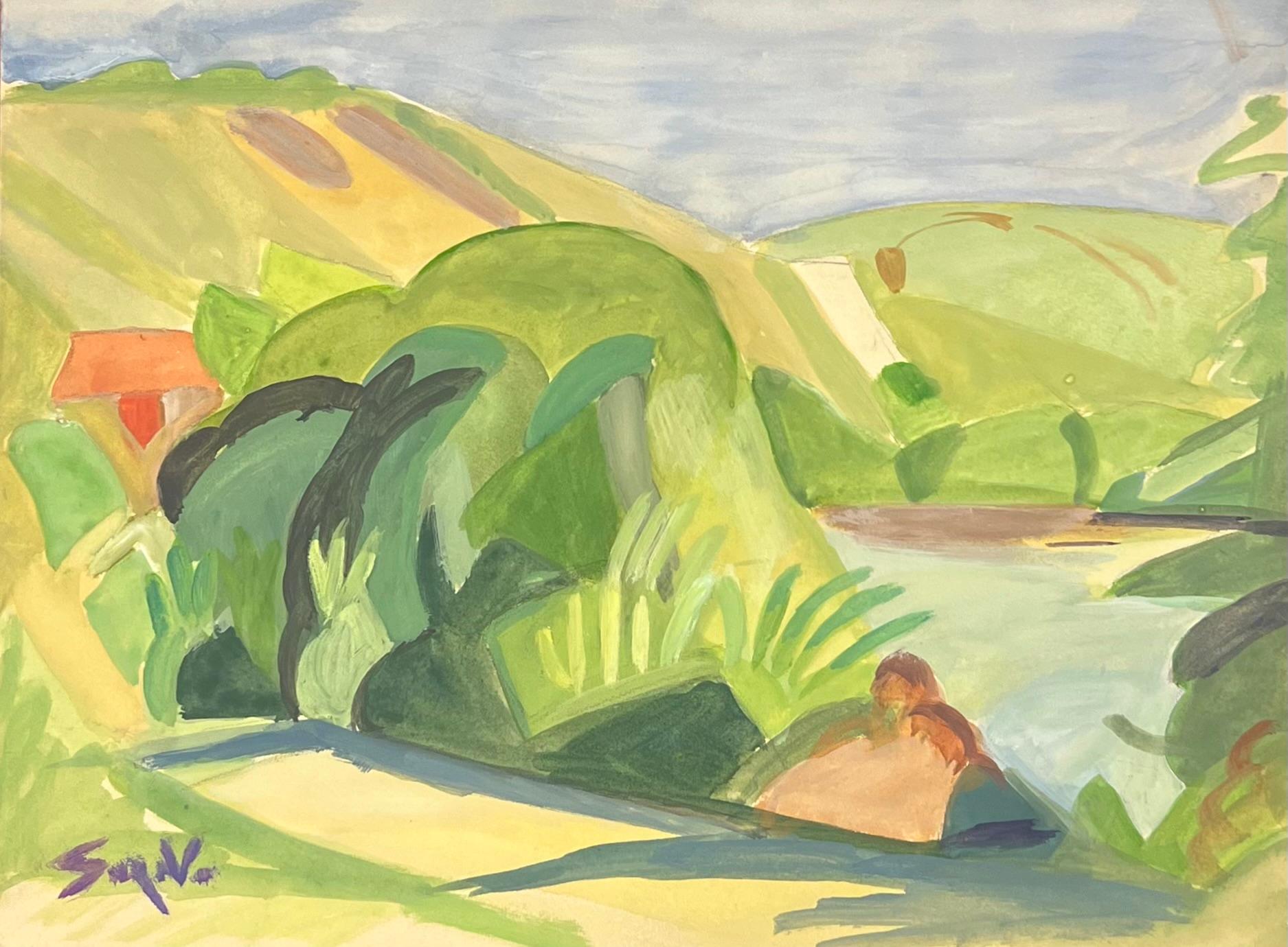 Abstract Painting di Suzanne Vattier - Un paesaggio vibrante e modernista, con un fogliame verde e lussureggiante e Roll & Hill