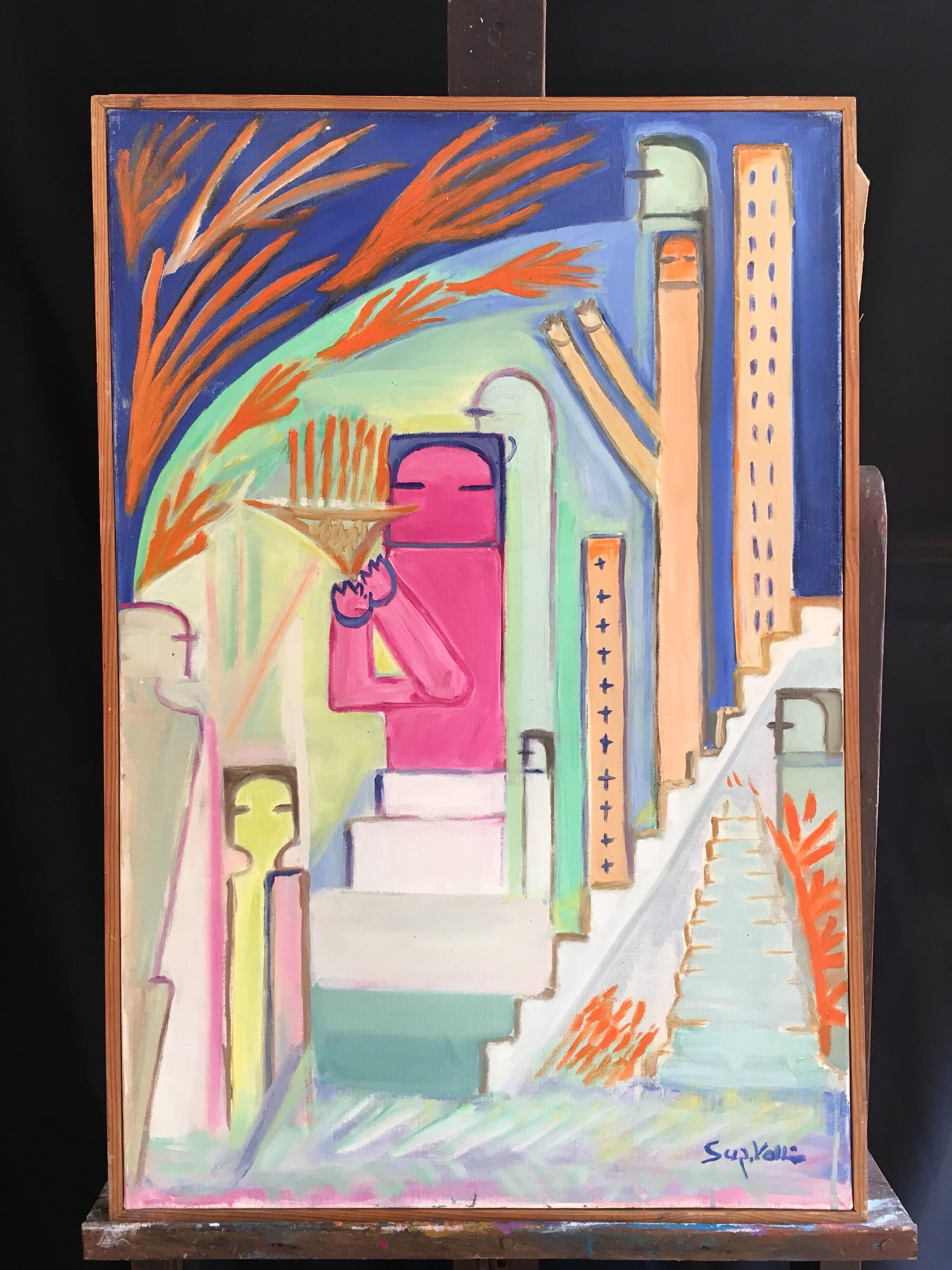 Peinture à l'huile surréaliste abstraite 'Ville', signée - Painting de Suzanne Vattier