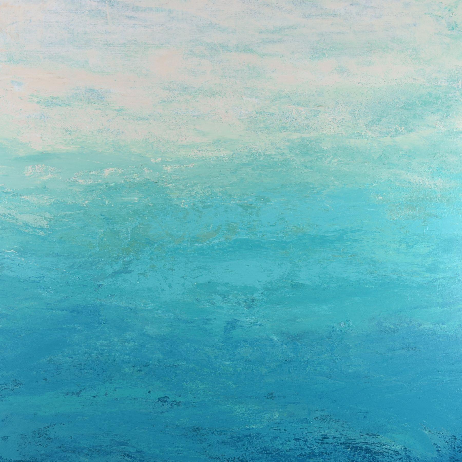 Sea to Sky is an original acrylic painting on canvas by Suzanne Vaughan. An abstract expressionist style painting with thick layers of acrylic paint in turquoise, teal and warm white. Paint is applied to the canvas in free gestural marks with