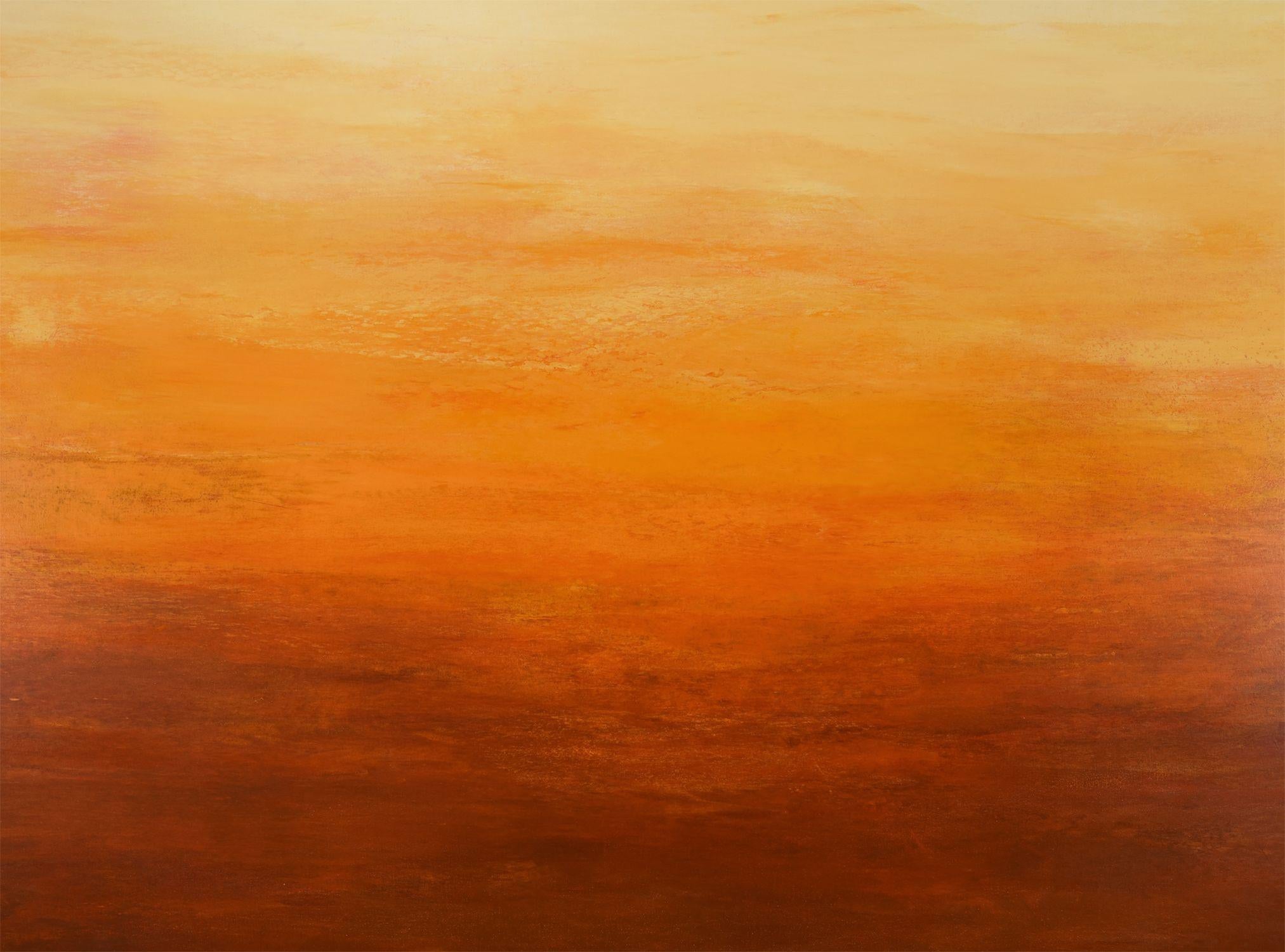 Summer Nectar is an original abstract color field painting on canvas by Suzanne Vaughan. An abstract expressionist style painting with thick layers of paint in warm vibrant yellow, amber and burnt orange. The paint is applied to the canvas in free