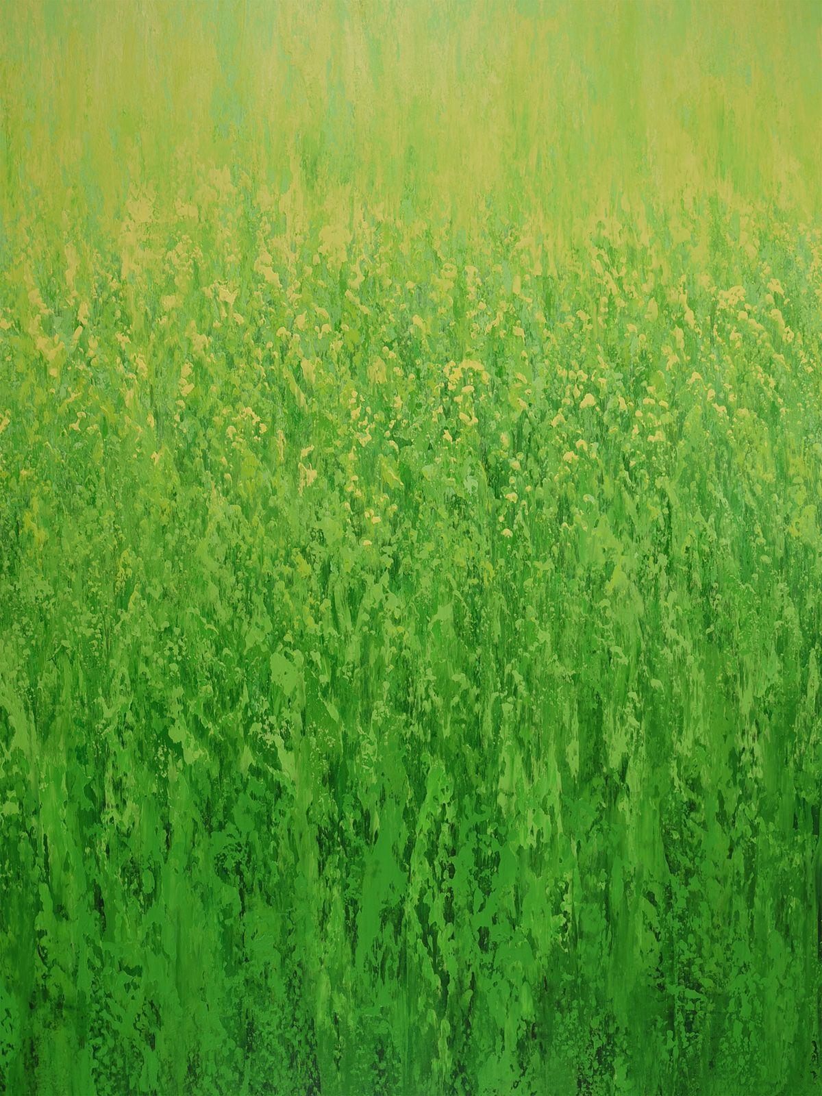 Suzanne Vaughan Abstract Painting - Sunshine Greens - Textured Green Nature Abstract, Painting, Acrylic on Canvas