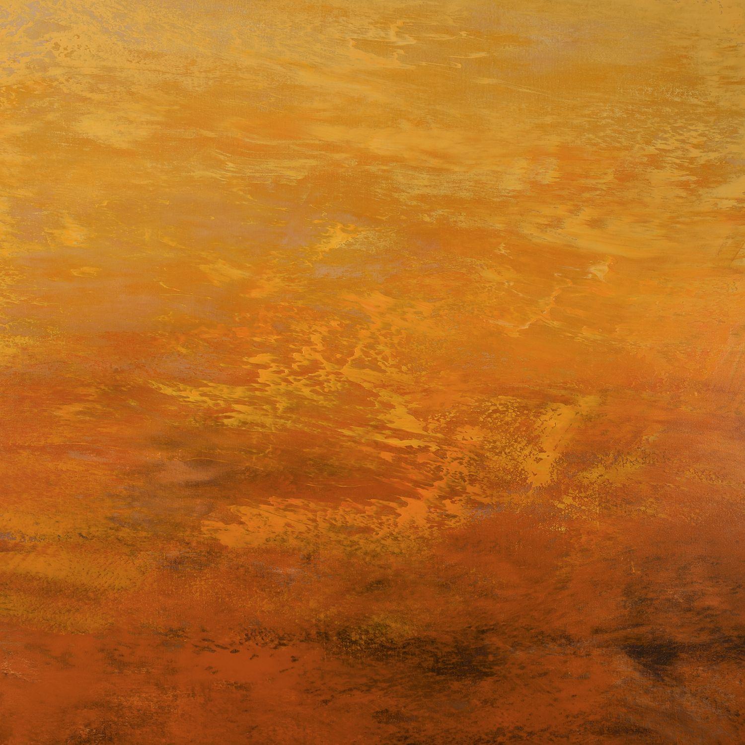 Vibrant Amber is an original acrylic painting on canvas by Suzanne Vaughan. An abstract expressionist style painting with thick layers of paint and textural transitions of warm rich honey golden colors. Painted on a piece of 48â€