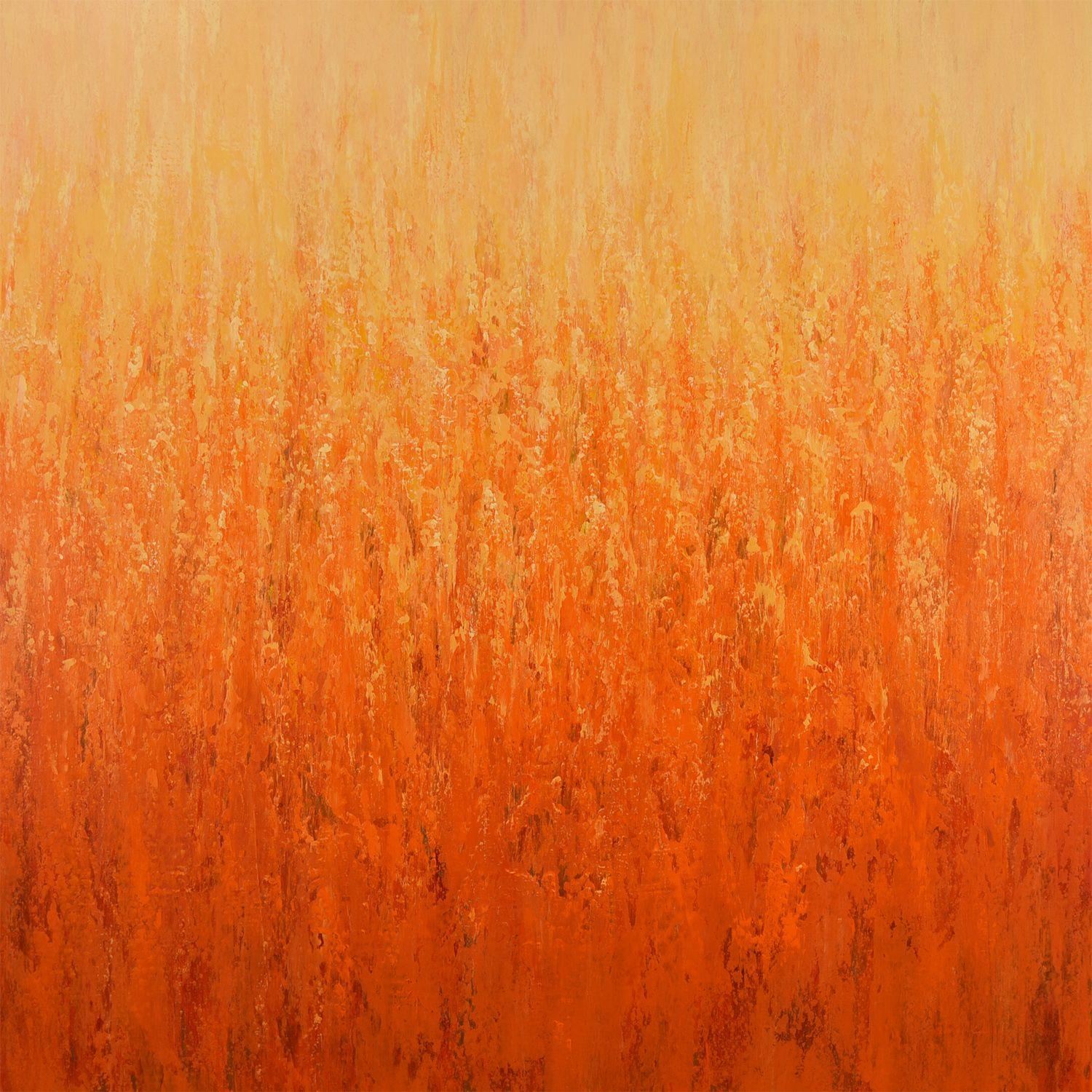 Vibrant Light is an original acrylic painting on canvas by Suzanne Vaughan. An abstract expressionist style painting with thick layers of paint and textural transitions in rich vibrant orange and yellow.    Painted on a piece of 48â€ x 48â€