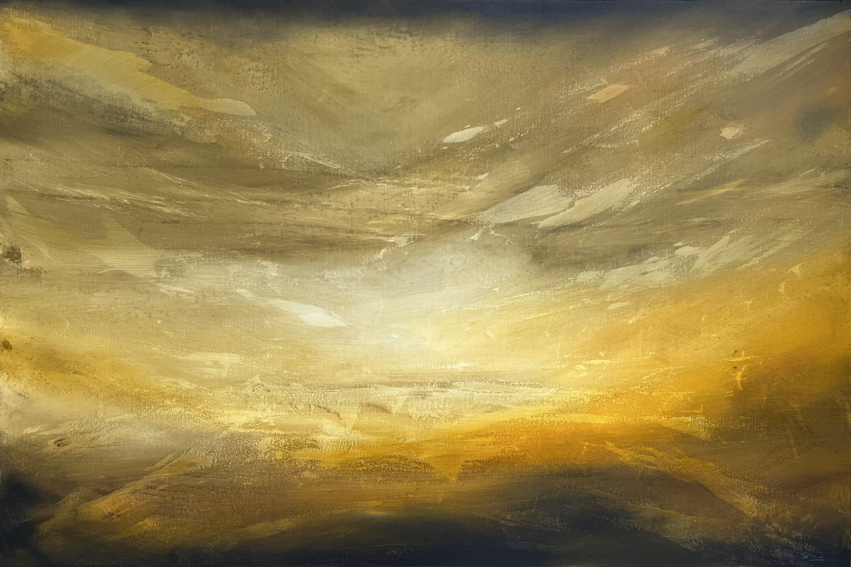 In this piece, I aimed to capture the warm ochre hues of a late summer sunset. The deep colour of the autumn sky, against the sable tones of the waters beneath, is a striking palette.  The subtle texture adds depth and makes the colours and contours
