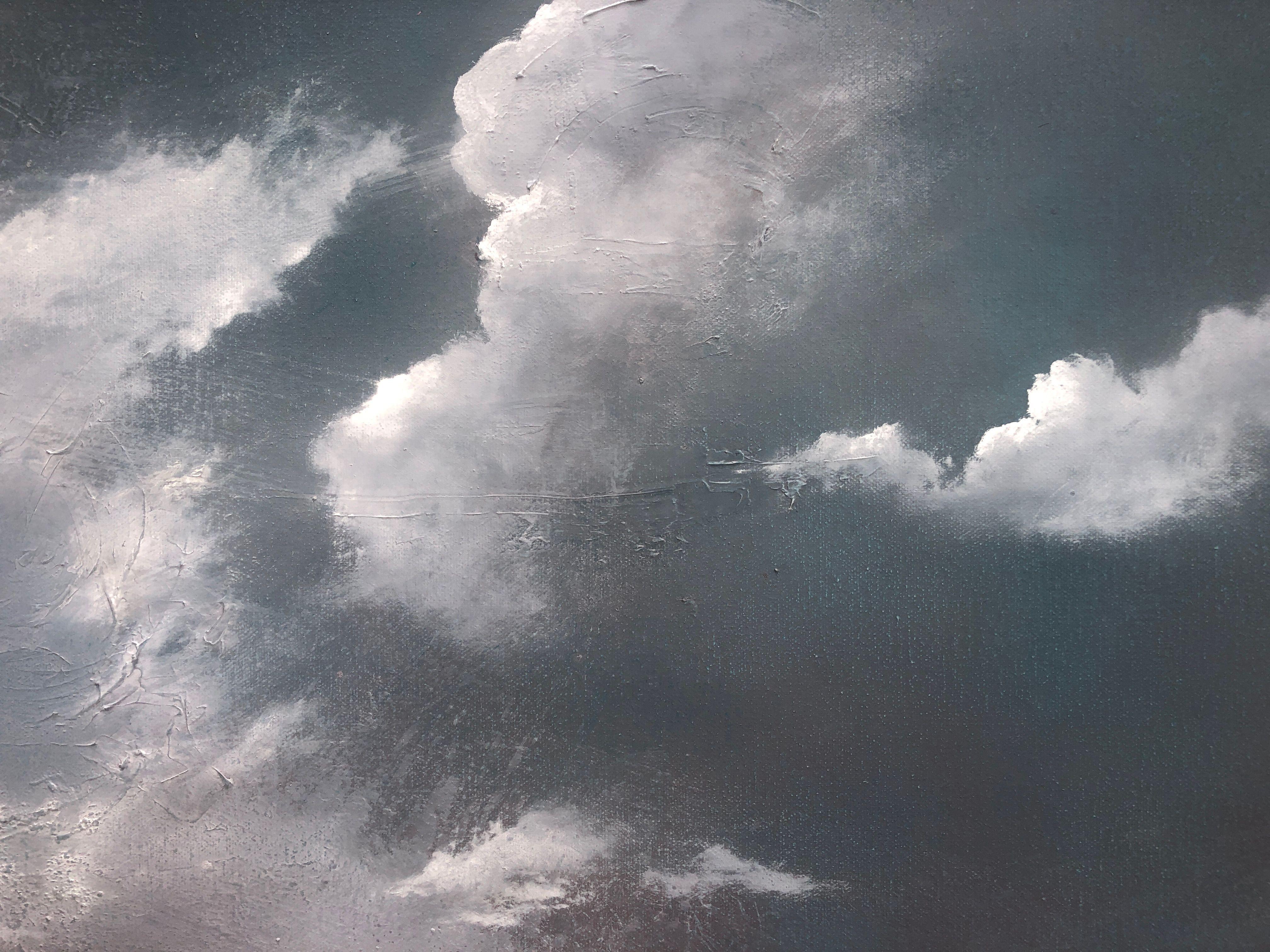 Oil and acrylic on canvas.  100cm x 50cm x 1.5cm    My paintings are often inspired by my love and fascination with ever-changing skies and cloud formation.  In this piece, I try to capture the bright light highlighting the clouds' outline and the