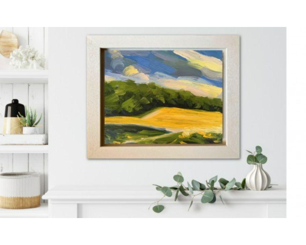 Across the Rapefield I, Original painting, Oil on Board, Landscape, Nature - Painting by Suzanne Winn