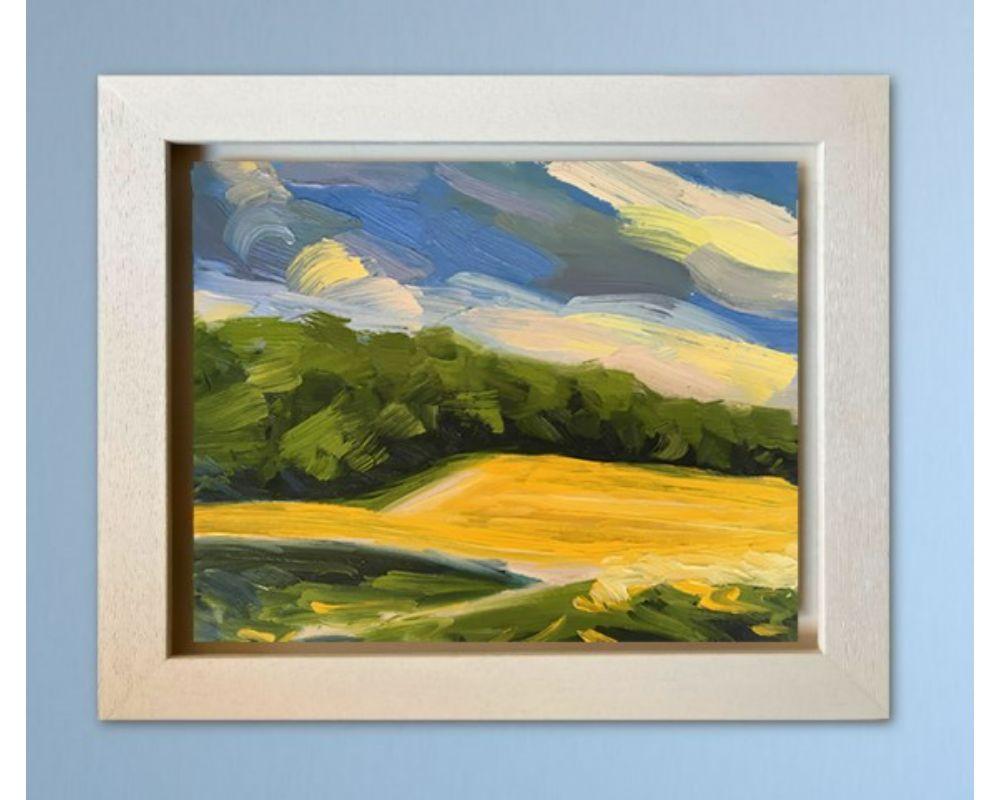 Across the Rapefield I, Original painting, Oil on Board, Landscape, Nature - Abstract Painting by Suzanne Winn