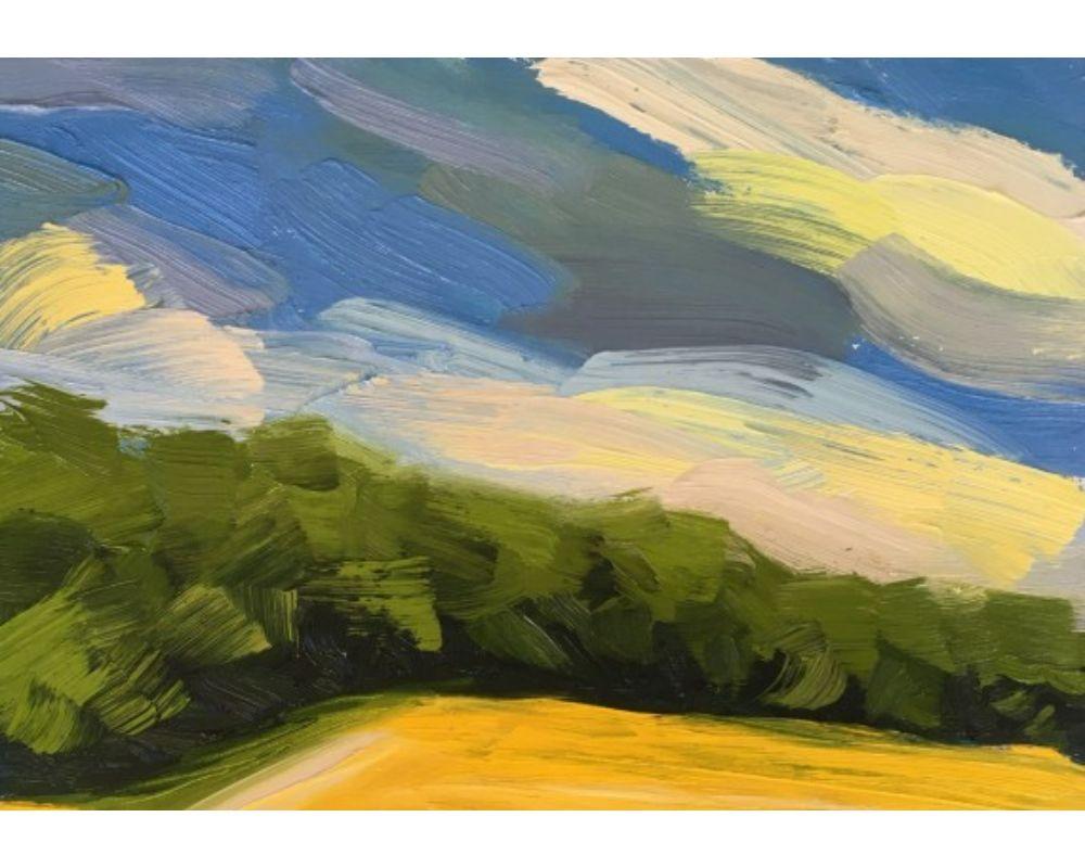 Across the Rapefield I, Original painting, Oil on Board, Landscape, Nature For Sale 2
